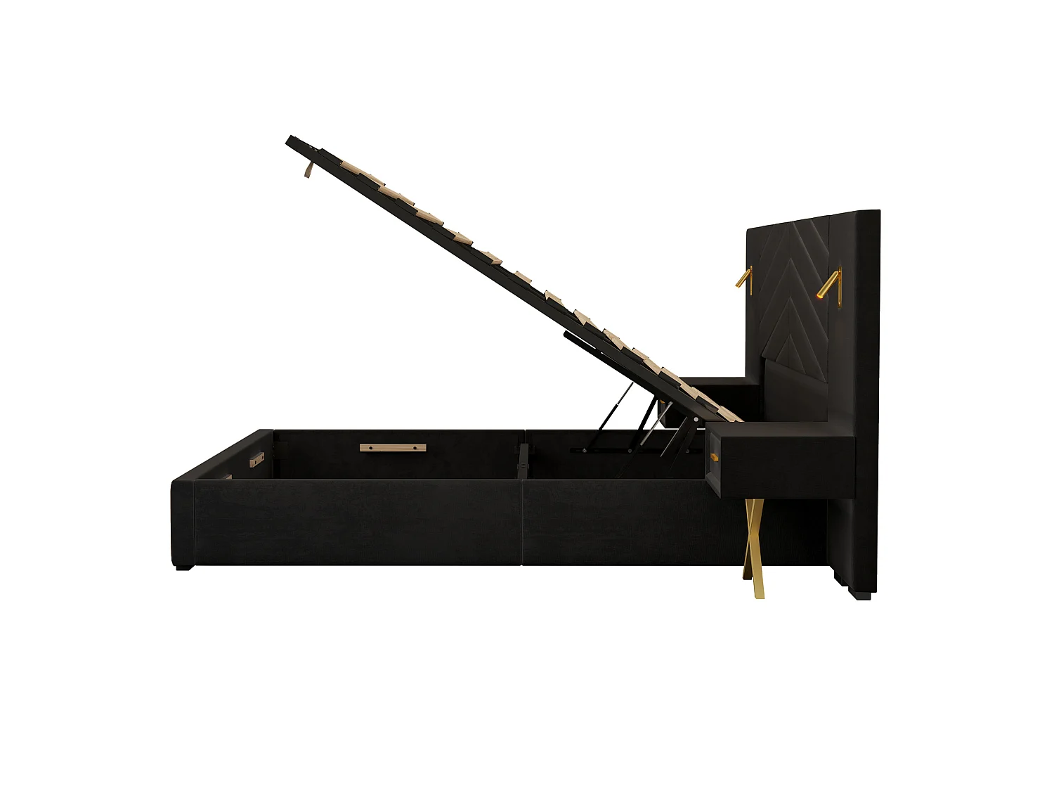Lit coffre 160x200 cm avec 2 tables de chevet, LED et cadre de lit réglable, en bois, noir, sans matelas