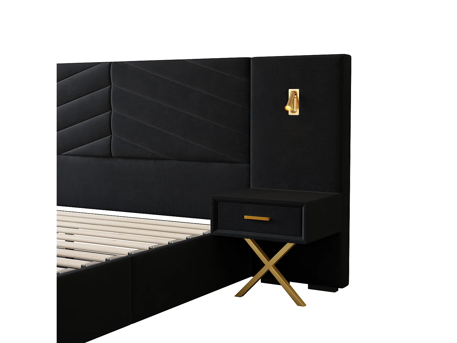 Lit coffre 160x200 cm avec 2 tables de chevet, LED et cadre de lit réglable, en bois, noir, sans matelas