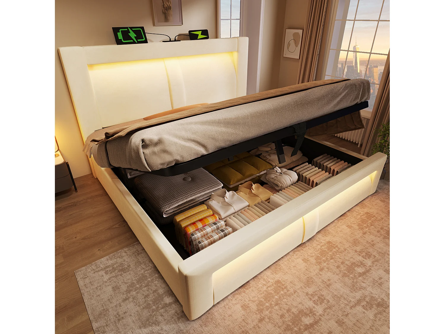 Letto contenitore in velluto 160x200 cm con illuminazione LED, vano contenitore e porte USB e Type-C, Beige, materasso non incluso