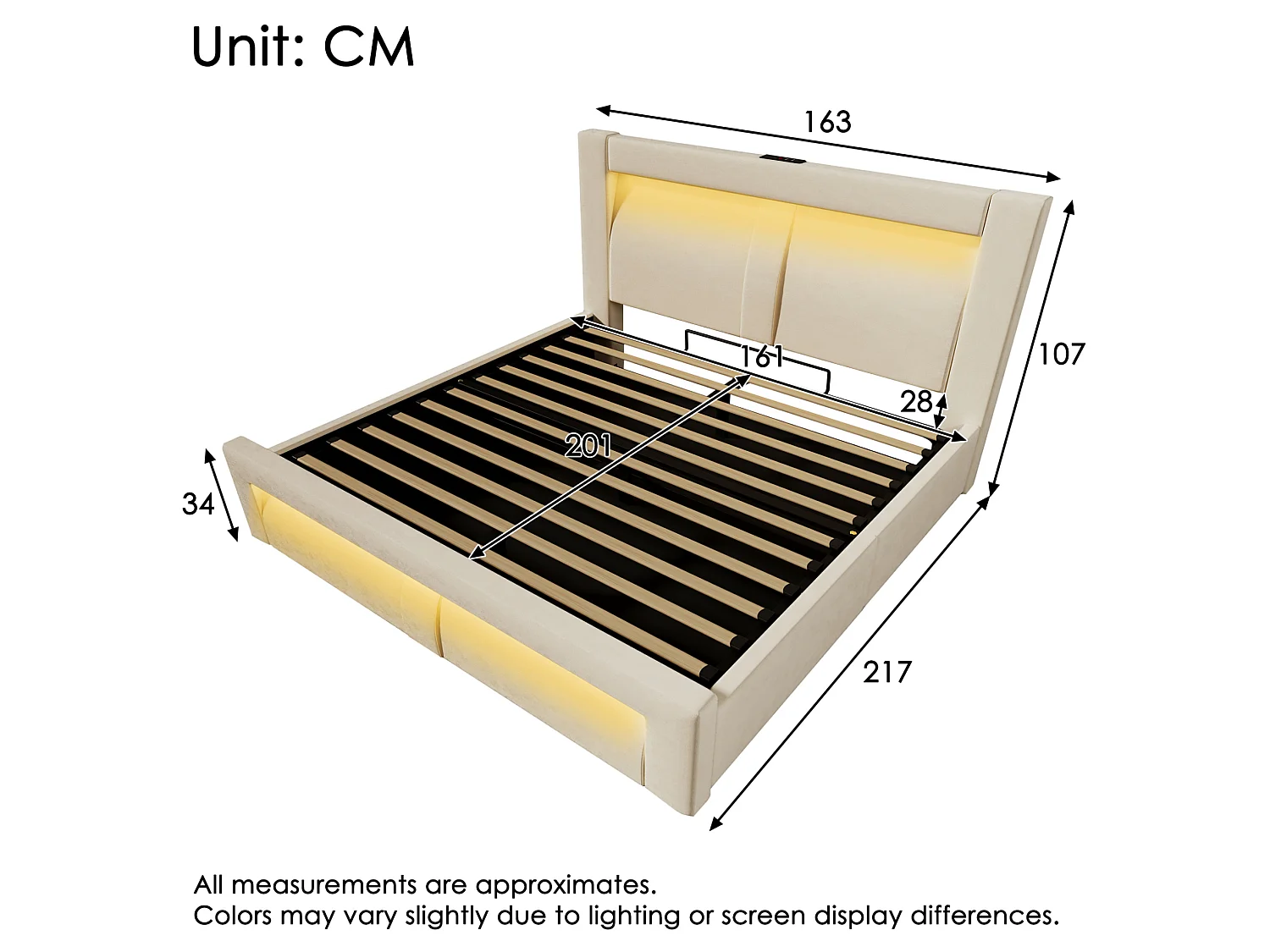 Letto contenitore in velluto 160x200 cm con illuminazione LED, vano contenitore e porte USB e Type-C, Beige, materasso non incluso