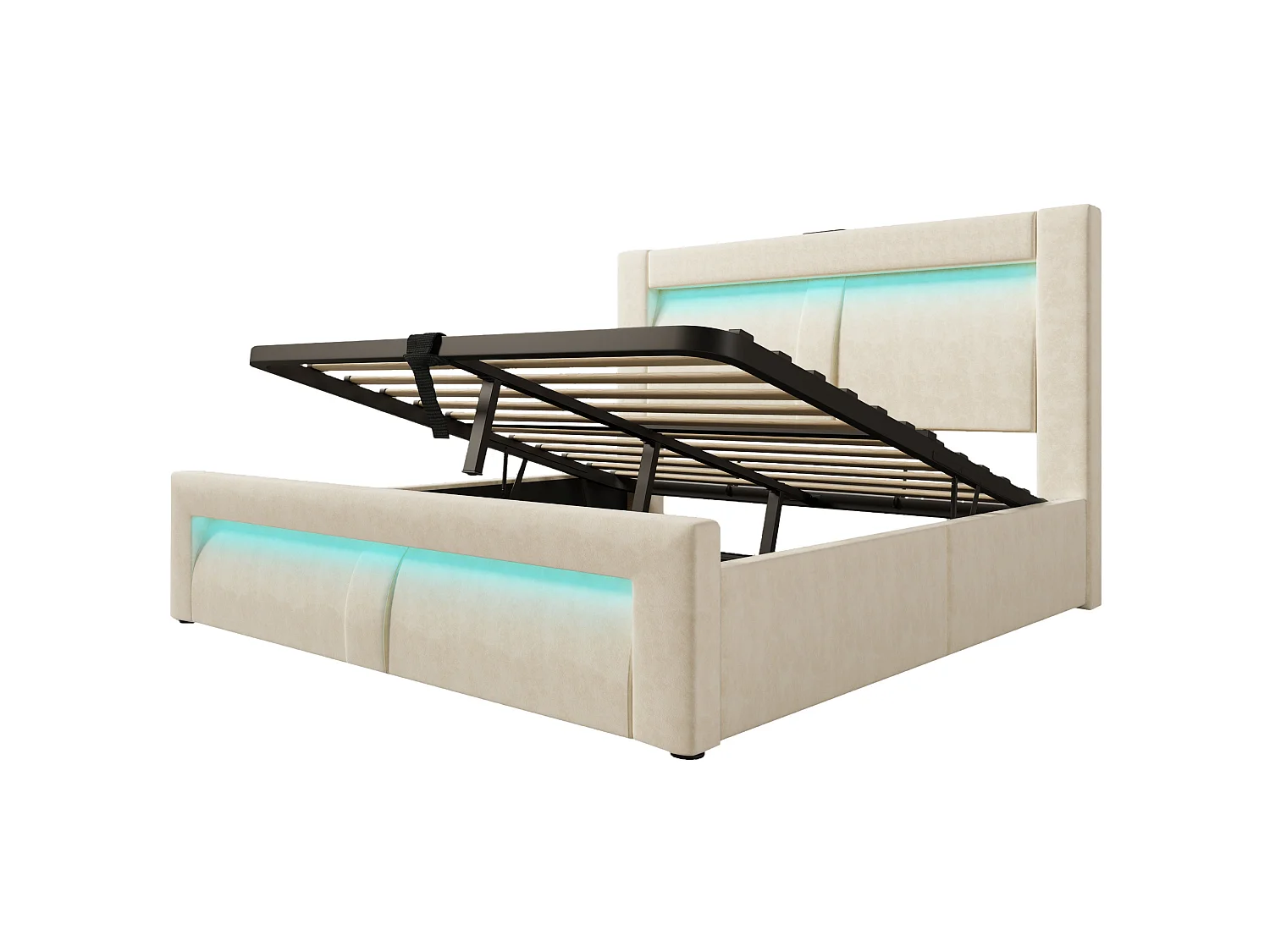Letto contenitore in velluto 160x200 cm con illuminazione LED, vano contenitore e porte USB e Type-C, Beige, materasso non incluso