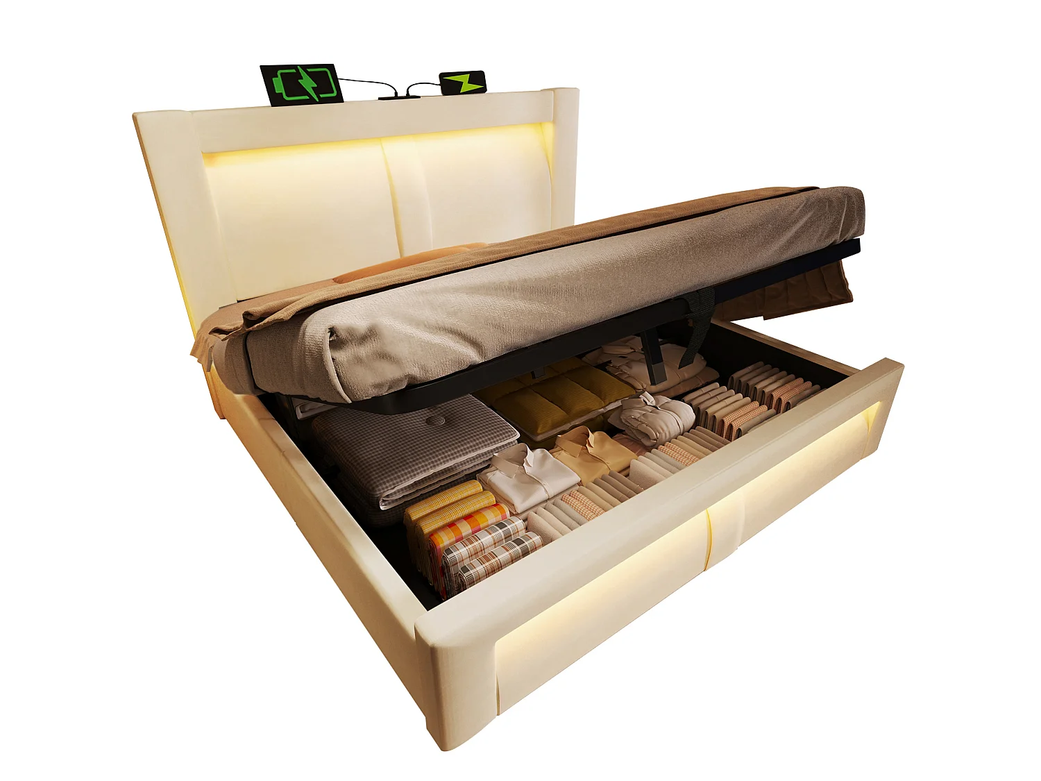 Letto contenitore in velluto 160x200 cm con illuminazione LED, vano contenitore e porte USB e Type-C, Beige, materasso non incluso