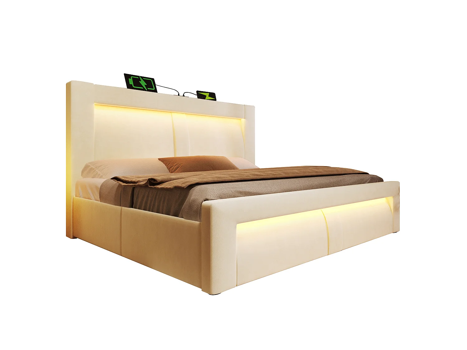 Letto contenitore in velluto 160x200 cm con illuminazione LED, vano contenitore e porte USB e Type-C, Beige, materasso non incluso