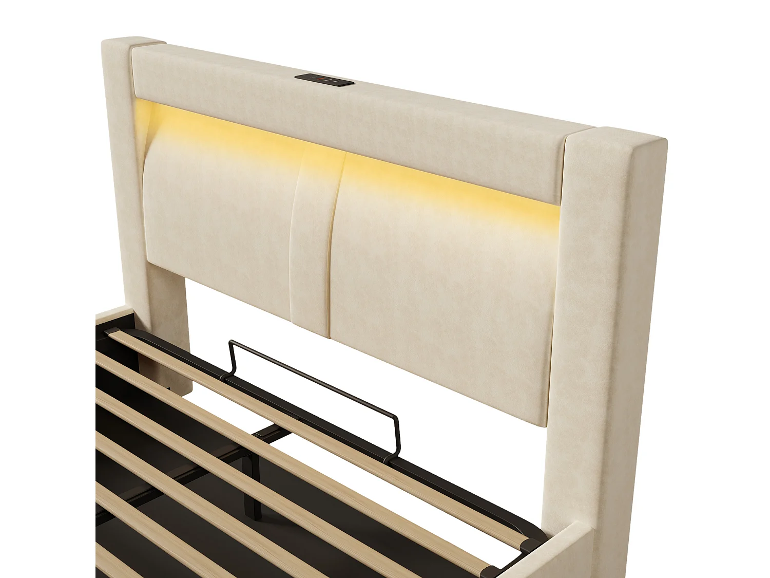 Letto contenitore in velluto 160x200 cm con illuminazione LED, vano contenitore e porte USB e Type-C, Beige, materasso non incluso