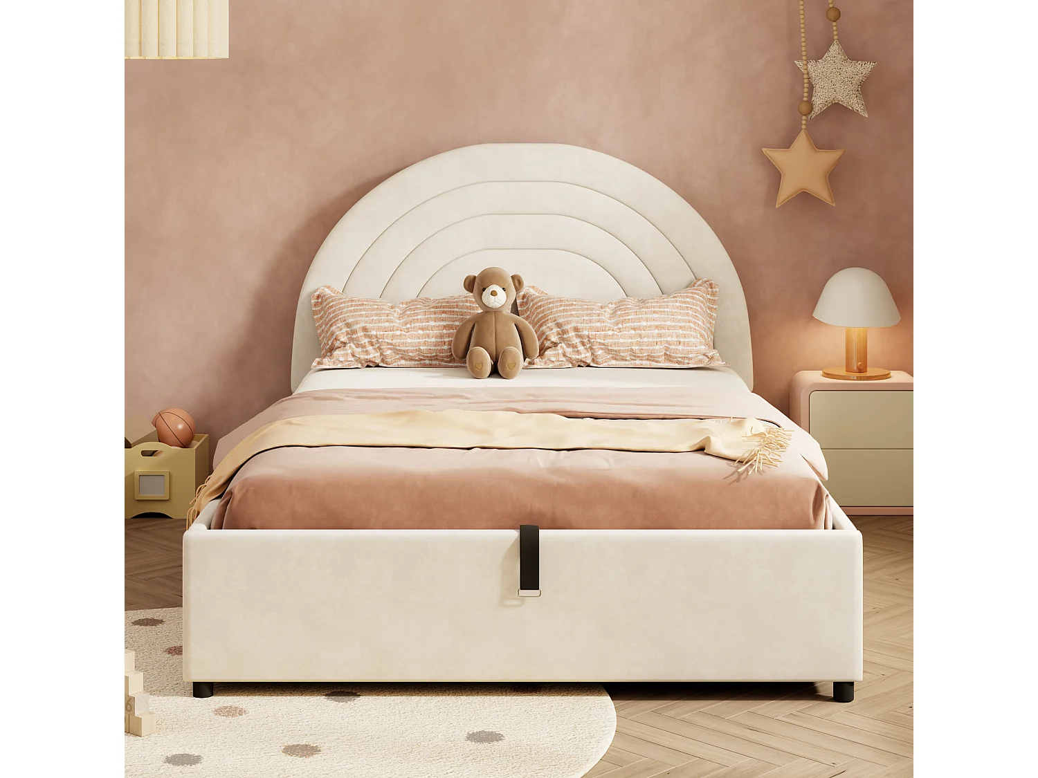 Lit coffre pour enfant 140x200 cm avec rangement hydraulique, tête de lit, en velours, beige, matelas inclus