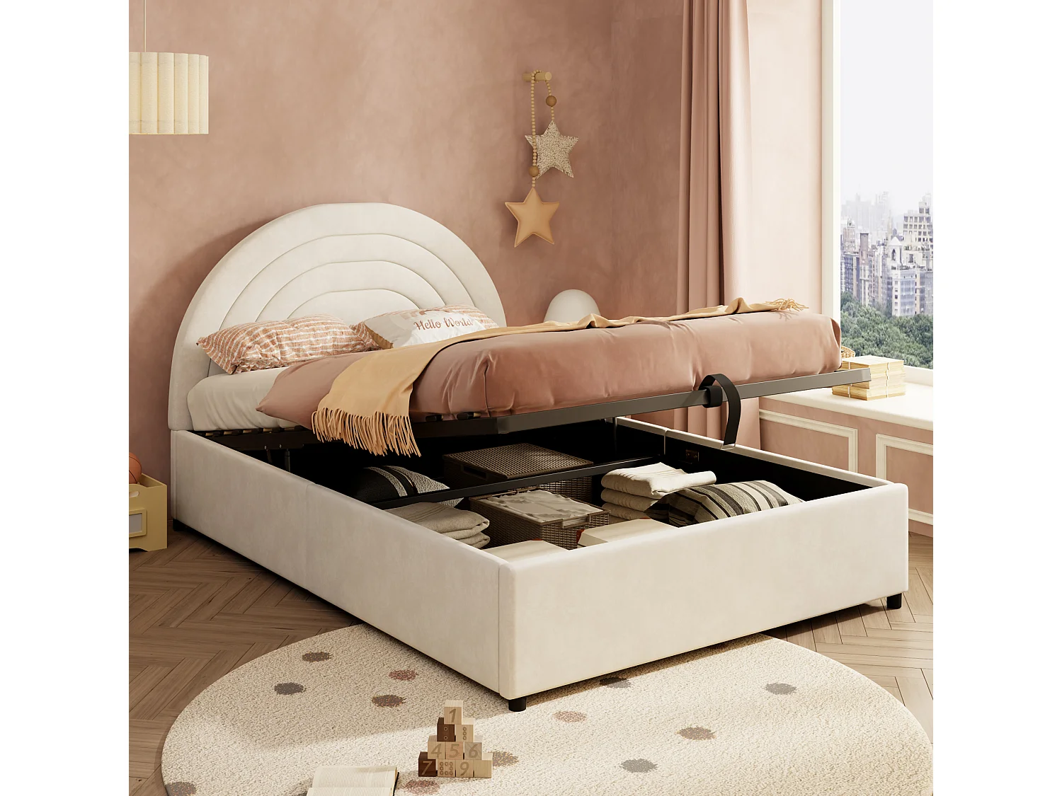 Lit coffre pour enfant 140x200 cm avec rangement hydraulique, tête de lit, en velours, beige, matelas inclus