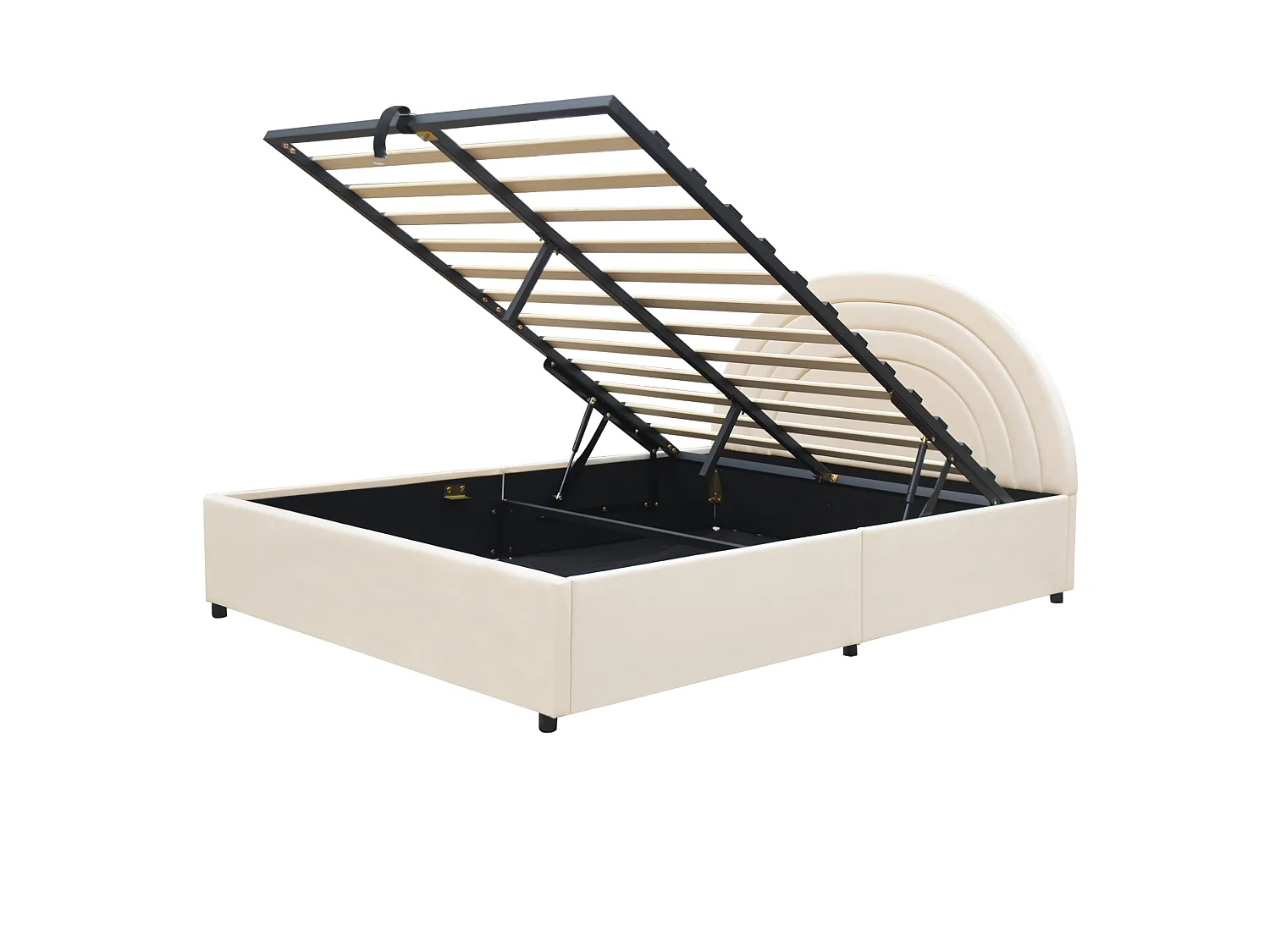 Lit coffre pour enfant 140x200 cm avec rangement hydraulique, tête de lit, en velours, beige, matelas inclus