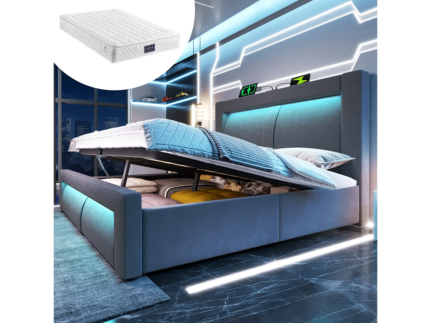 Letto contenitore in velluto 140x200 cm con LED e porte USB e Type-C, grigio, materasso incluso