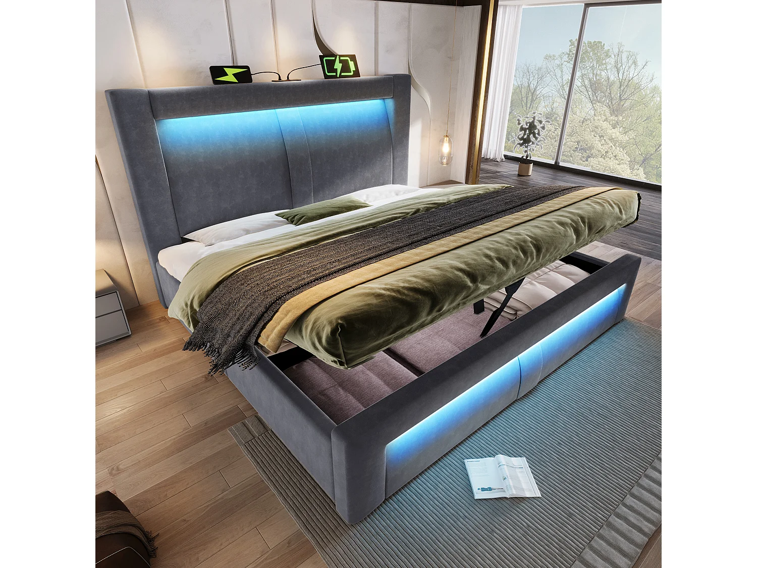 Letto contenitore in velluto 140x200 cm con LED e porte USB e Type-C, grigio, materasso incluso