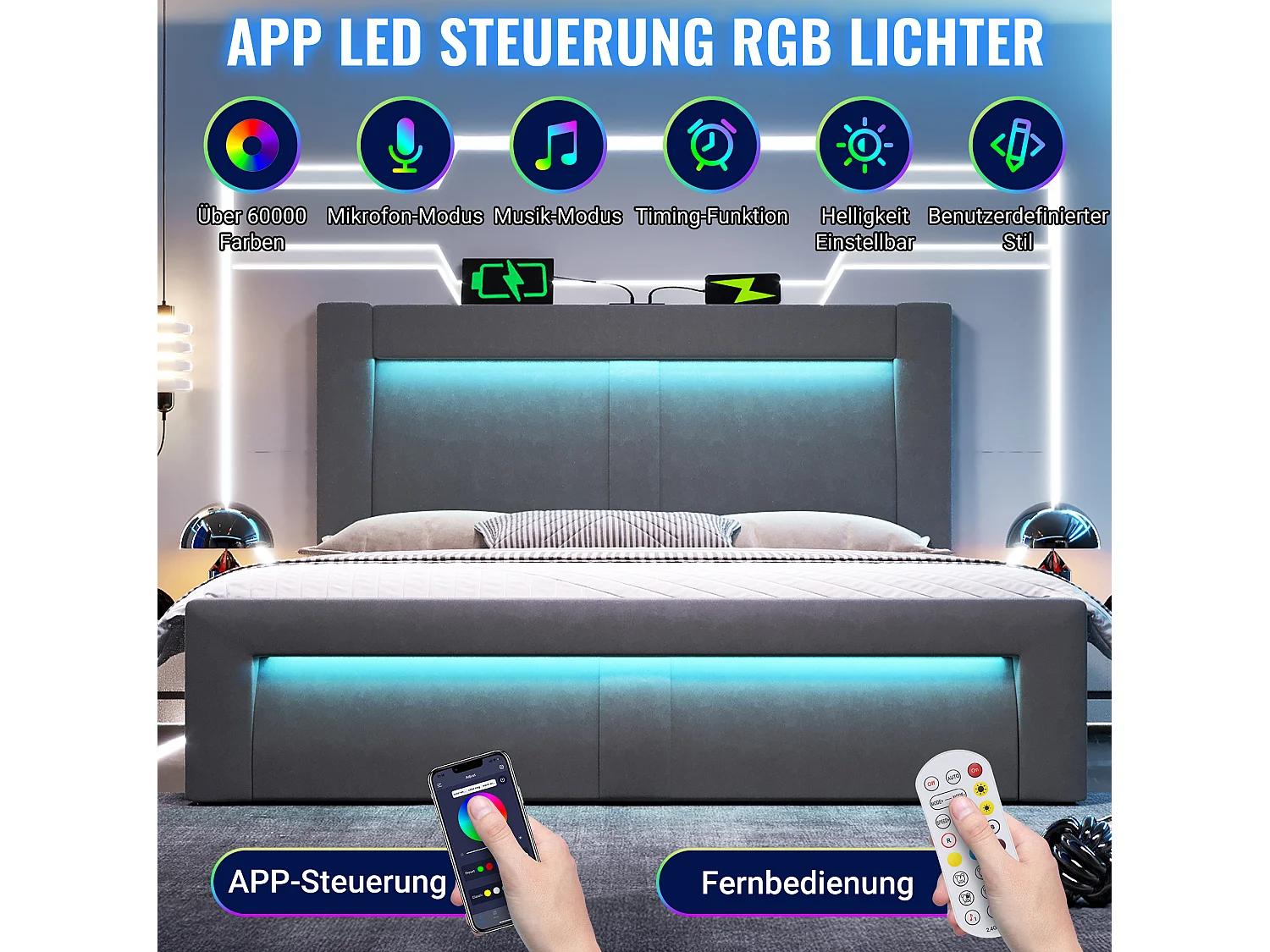 Letto contenitore in velluto 140x200 cm con LED e porte USB e Type-C, grigio, materasso incluso