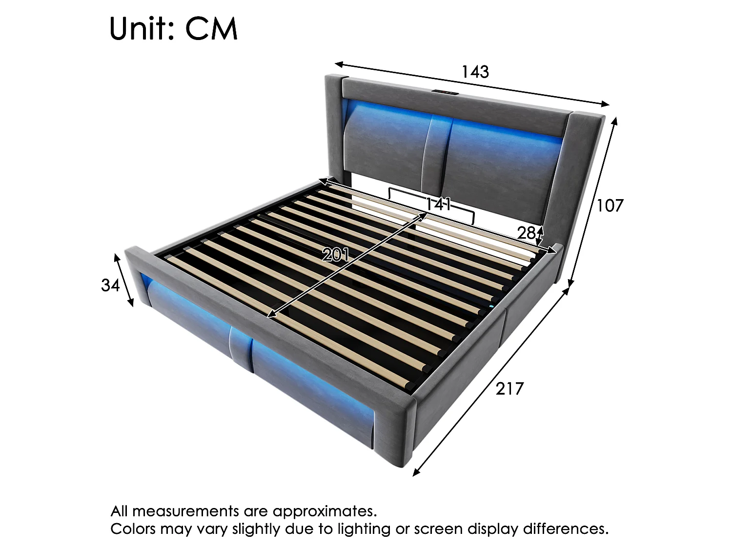 Letto contenitore in velluto 140x200 cm con LED e porte USB e Type-C, grigio, materasso incluso