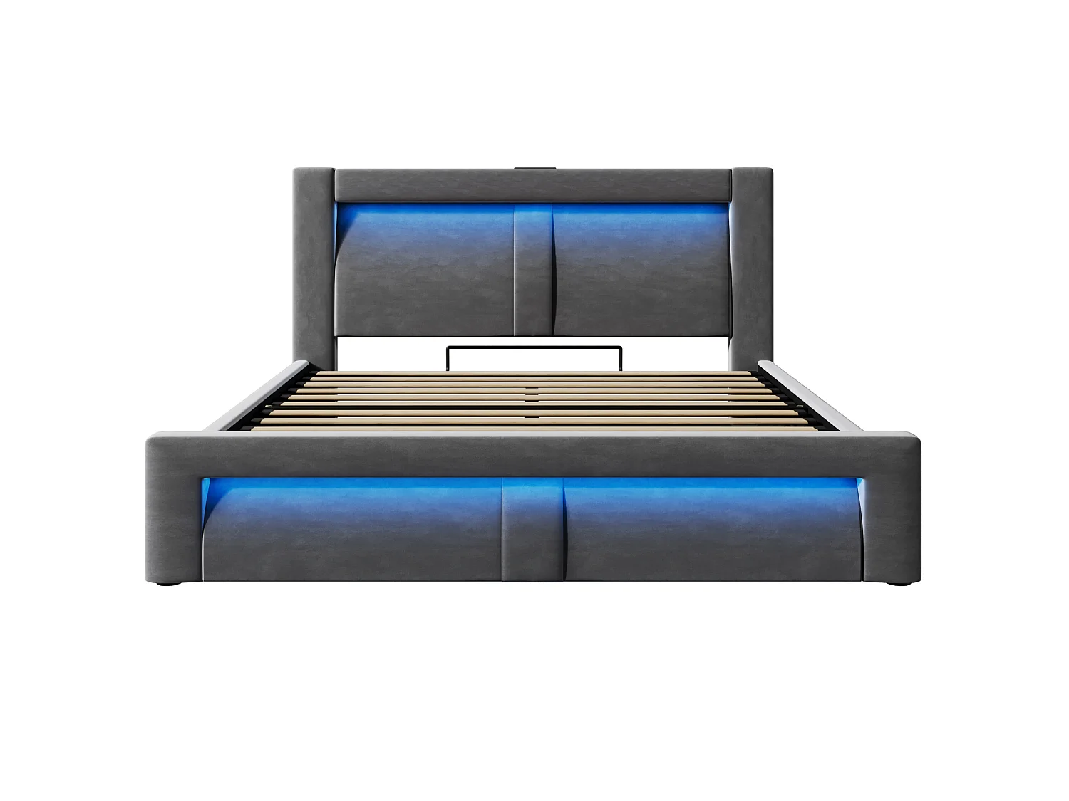 Letto contenitore in velluto 140x200 cm con LED e porte USB e Type-C, grigio, materasso incluso