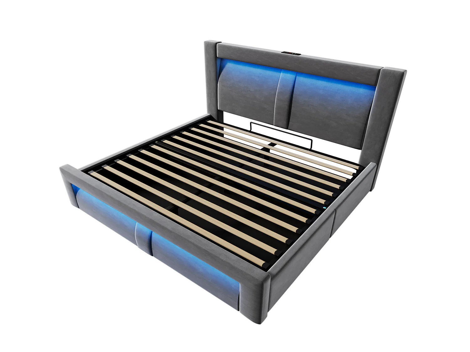 Letto contenitore in velluto 140x200 cm con LED e porte USB e Type-C, grigio, materasso incluso