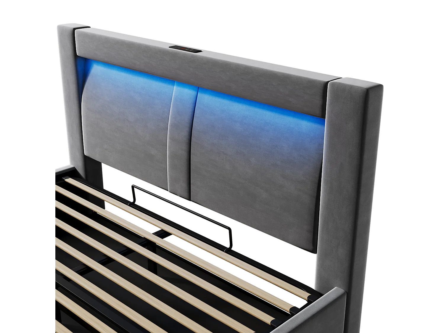 Letto contenitore in velluto 140x200 cm con LED e porte USB e Type-C, grigio, materasso incluso
