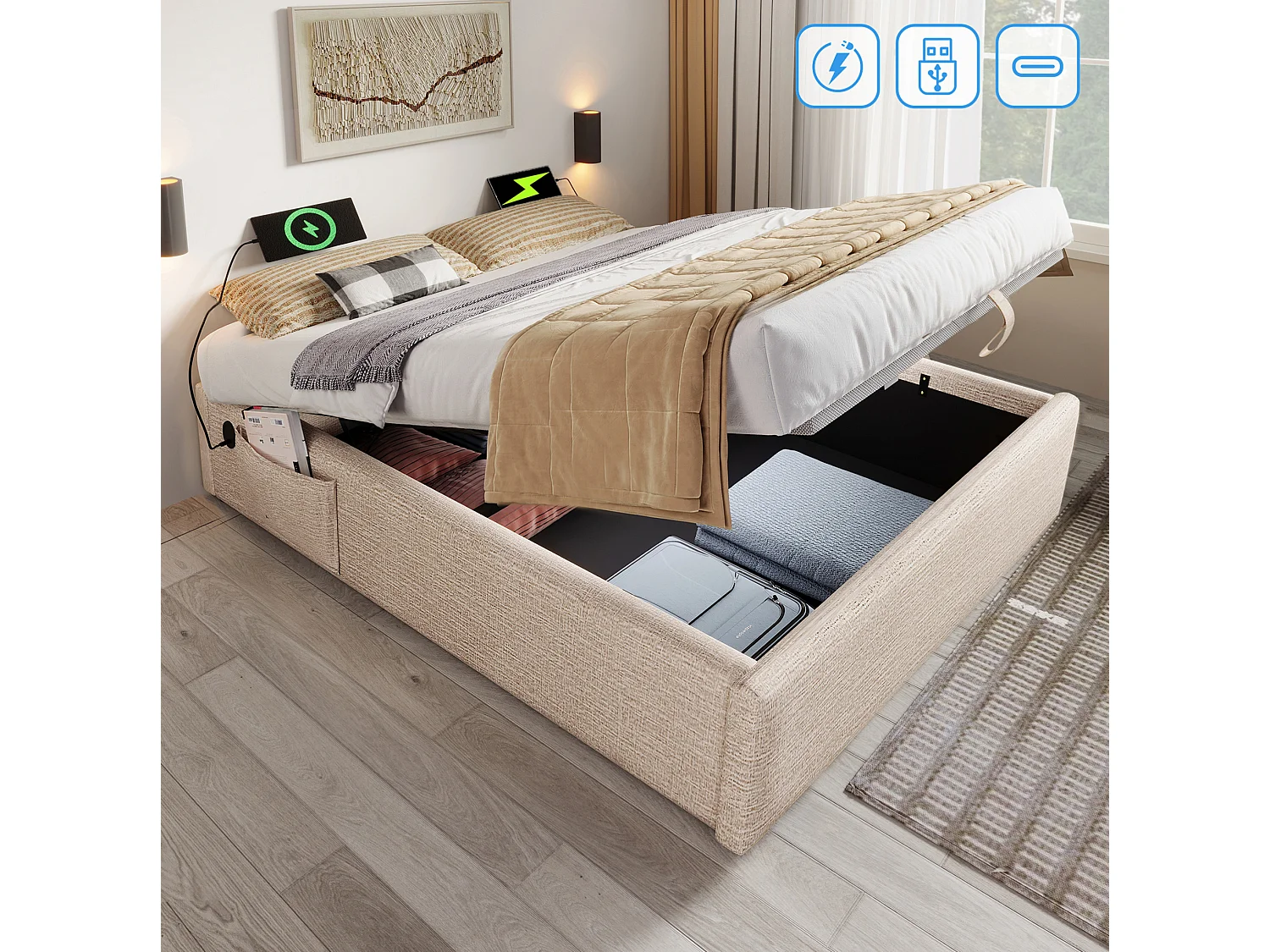 Letto contenitore 160x200 cm con spazio di archiviazione, porte USB e Type-C, senza testiera, in lino beige, materasso non incluso