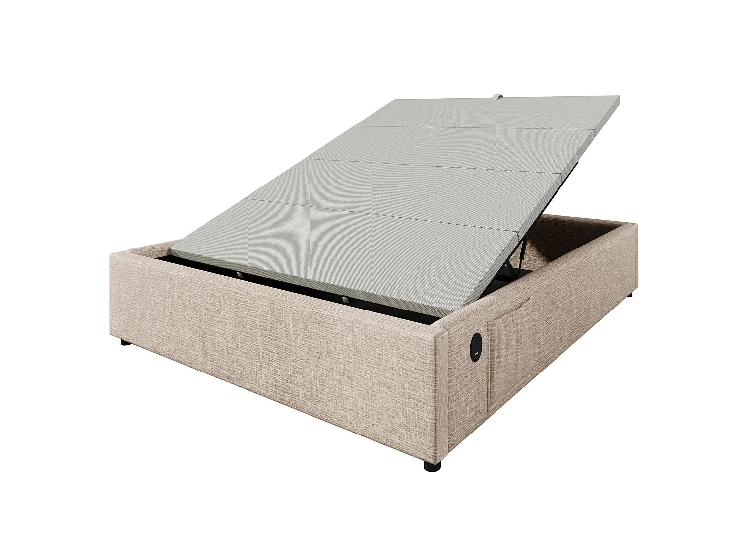 Letto contenitore 160x200 cm con spazio di archiviazione, porte USB e Type-C, senza testiera, in lino beige, materasso non incluso