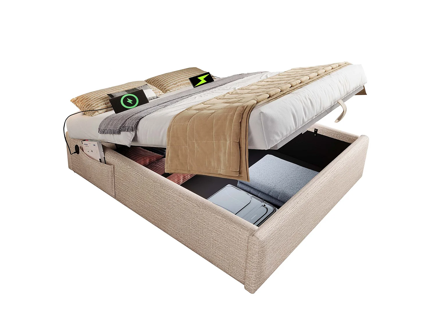 Letto contenitore 160x200 cm con spazio di archiviazione, porte USB e Type-C, senza testiera, in lino beige, materasso non incluso