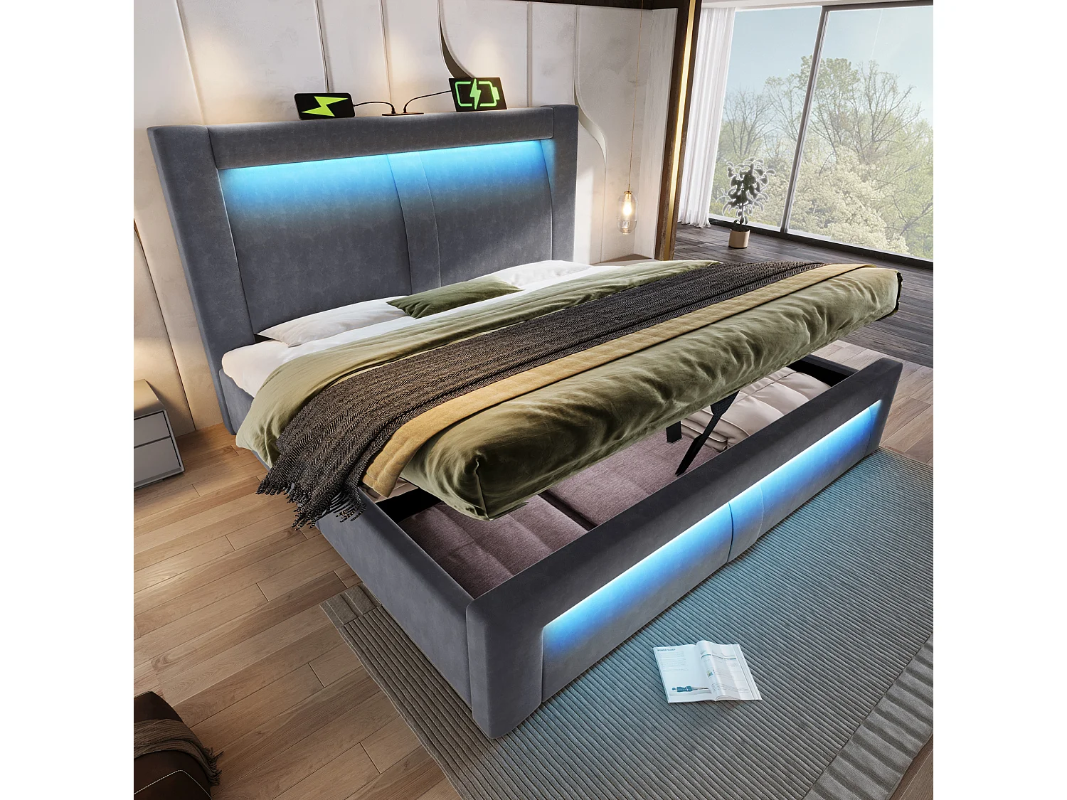 Letto contenitore in velluto 160x200 cm con LED e porte USB e Type-C, grigio, materasso incluso