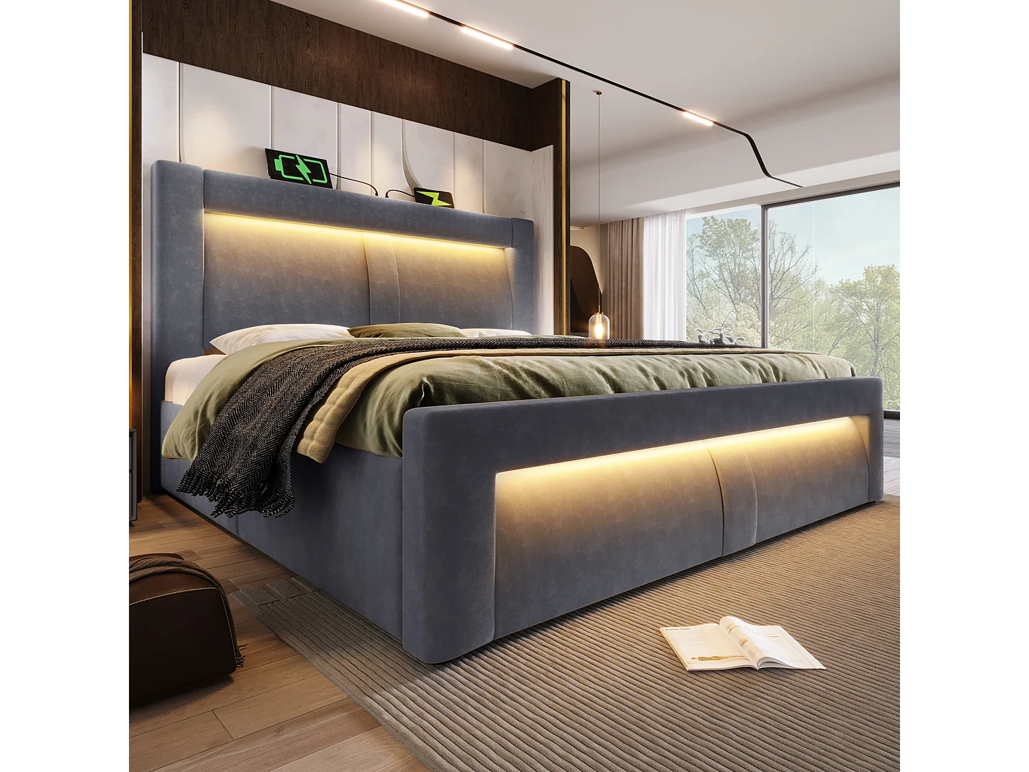 Letto contenitore in velluto 160x200 cm con LED e porte USB e Type-C, grigio, materasso incluso