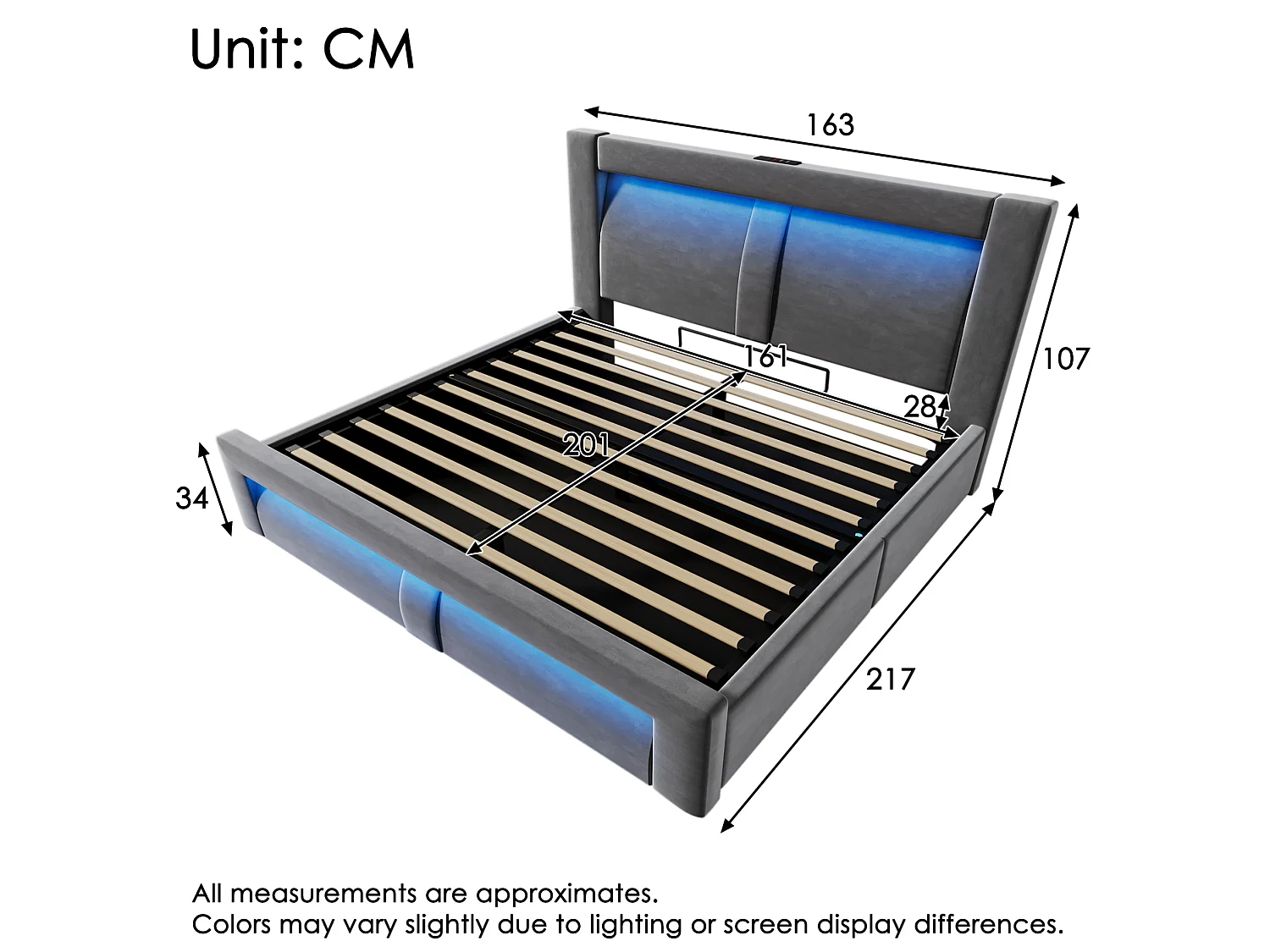 Letto contenitore in velluto 160x200 cm con LED e porte USB e Type-C, grigio, materasso incluso