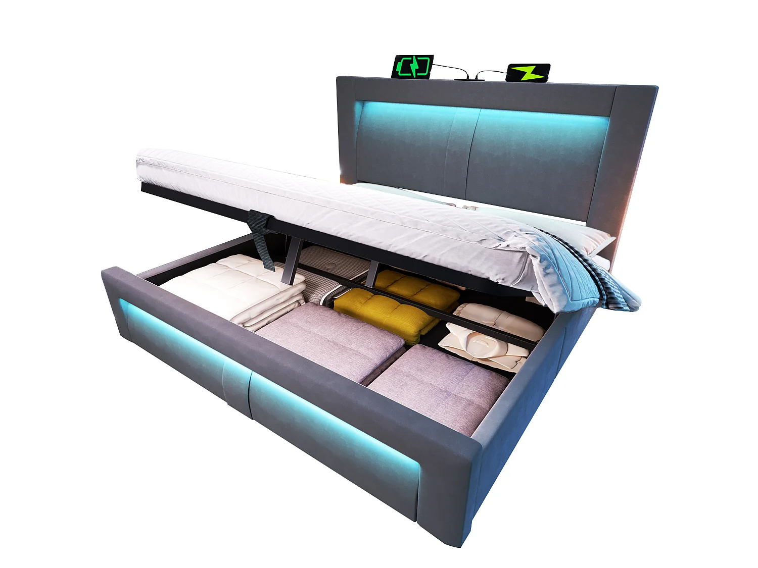 Letto contenitore in velluto 160x200 cm con LED e porte USB e Type-C, grigio, materasso incluso