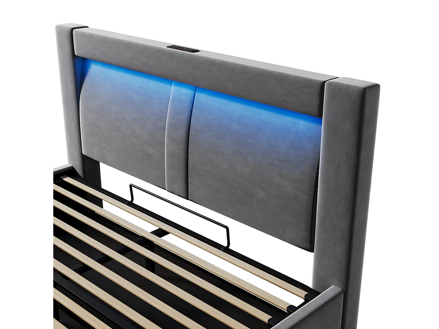 Letto contenitore in velluto 160x200 cm con LED e porte USB e Type-C, grigio, materasso incluso