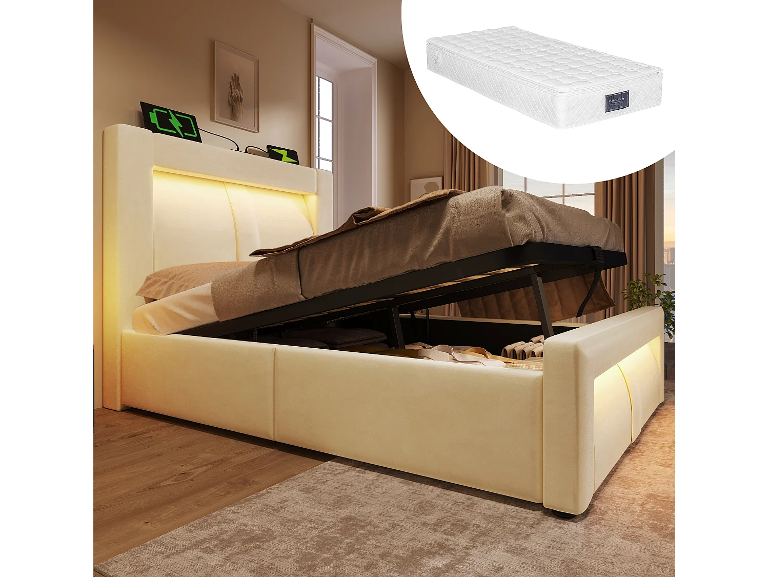 Letto contenitore in velluto 90x200 cm con LED e porte USB e Type-C, beige, materasso incluso