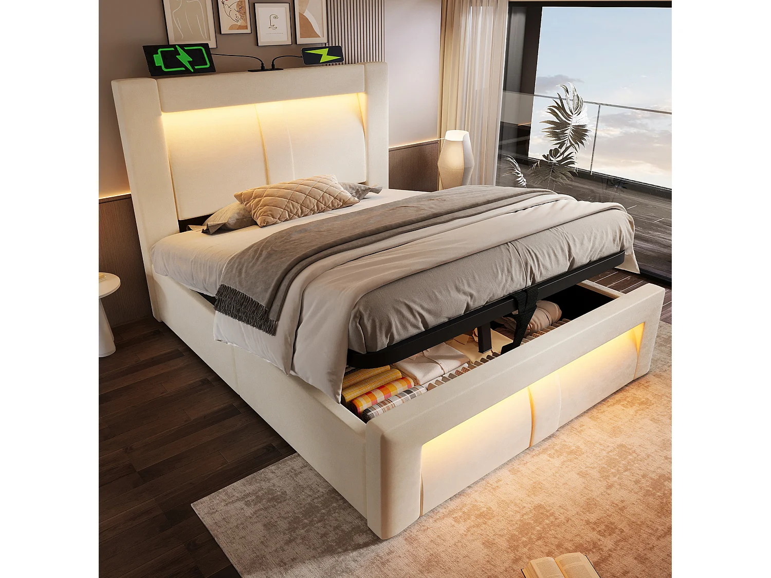 Letto contenitore in velluto 90x200 cm con LED e porte USB e Type-C, beige, materasso incluso