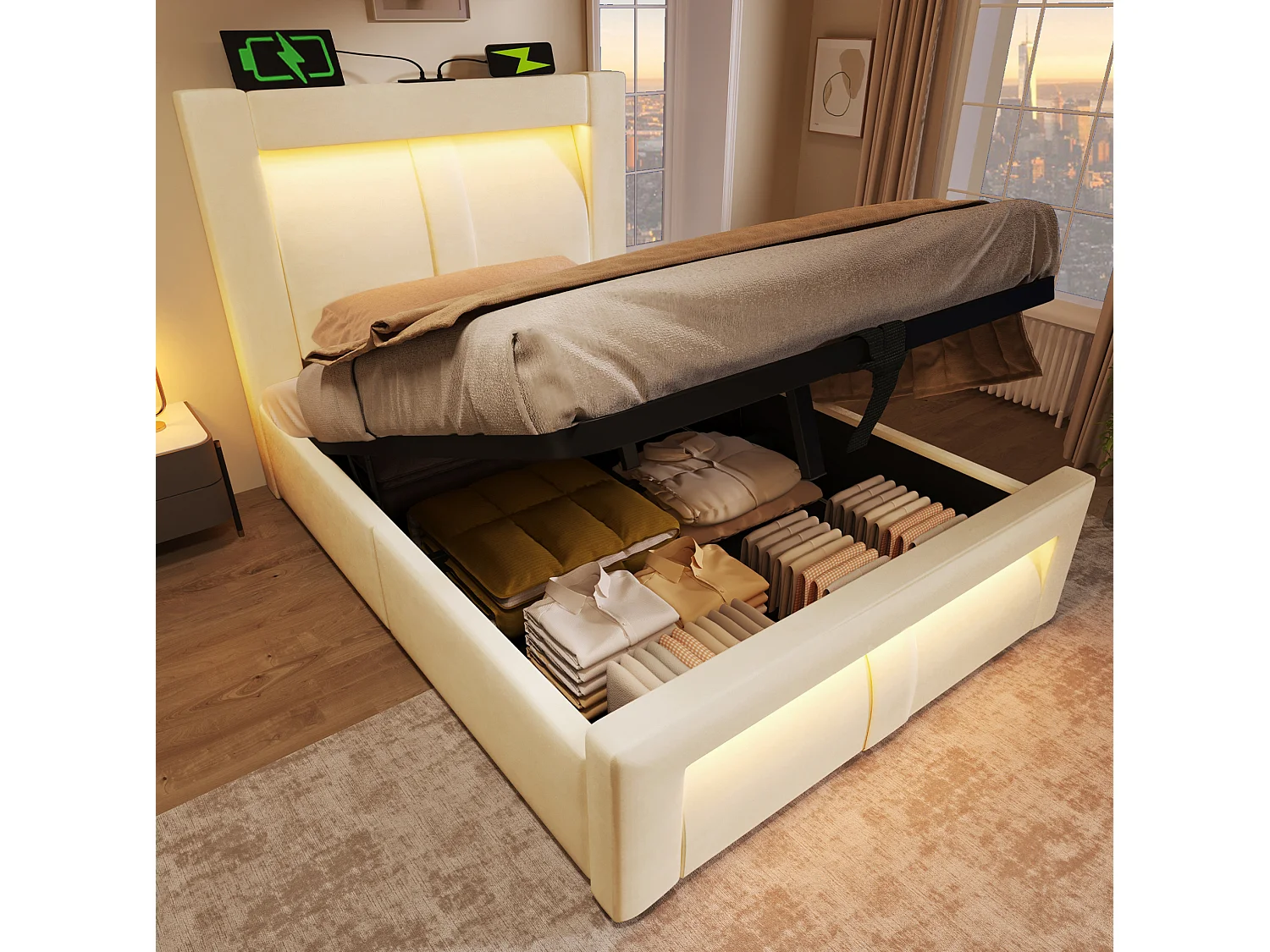 Letto contenitore in velluto 90x200 cm con LED e porte USB e Type-C, beige, materasso incluso