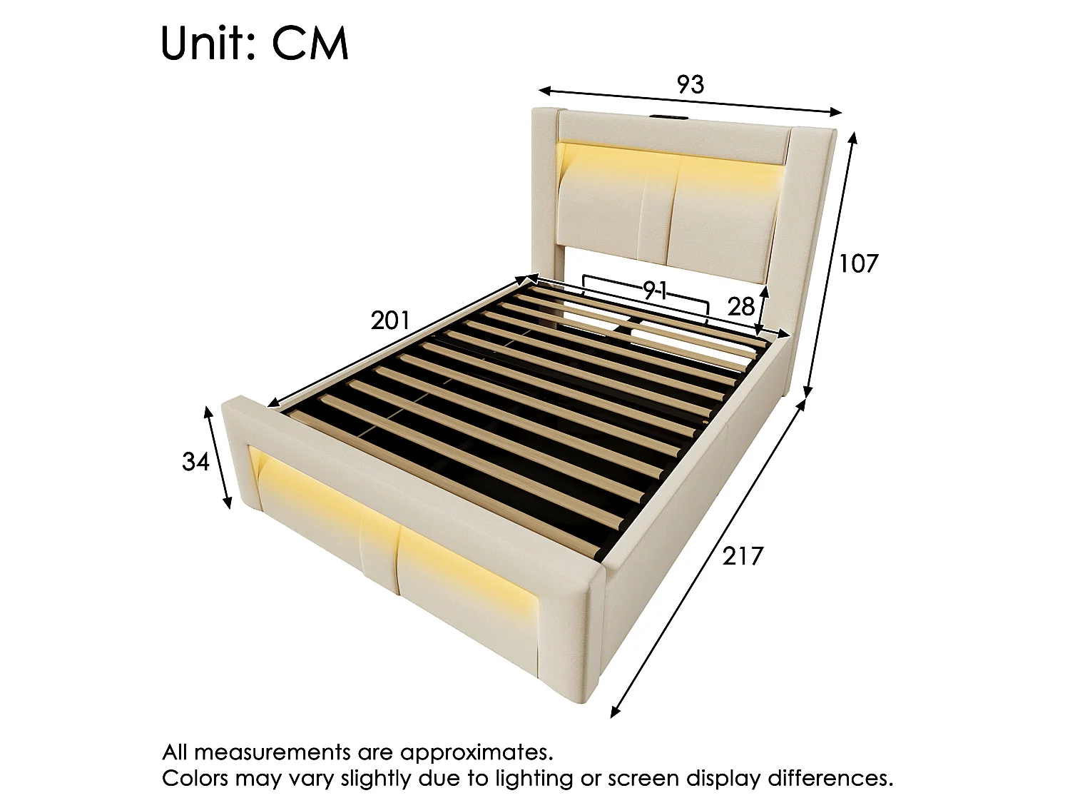 Letto contenitore in velluto 90x200 cm con LED e porte USB e Type-C, beige, materasso incluso