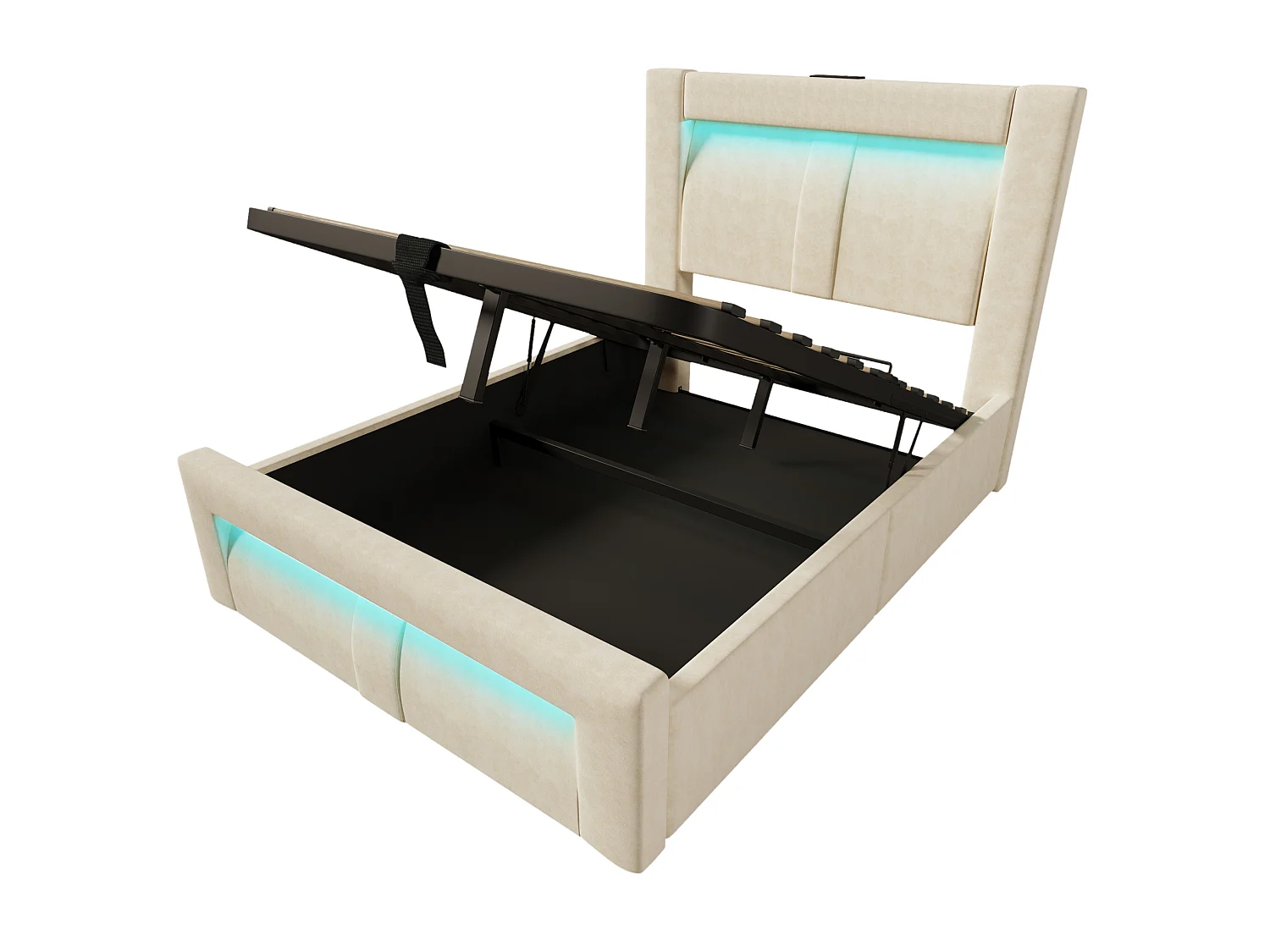 Letto contenitore in velluto 90x200 cm con LED e porte USB e Type-C, beige, materasso incluso
