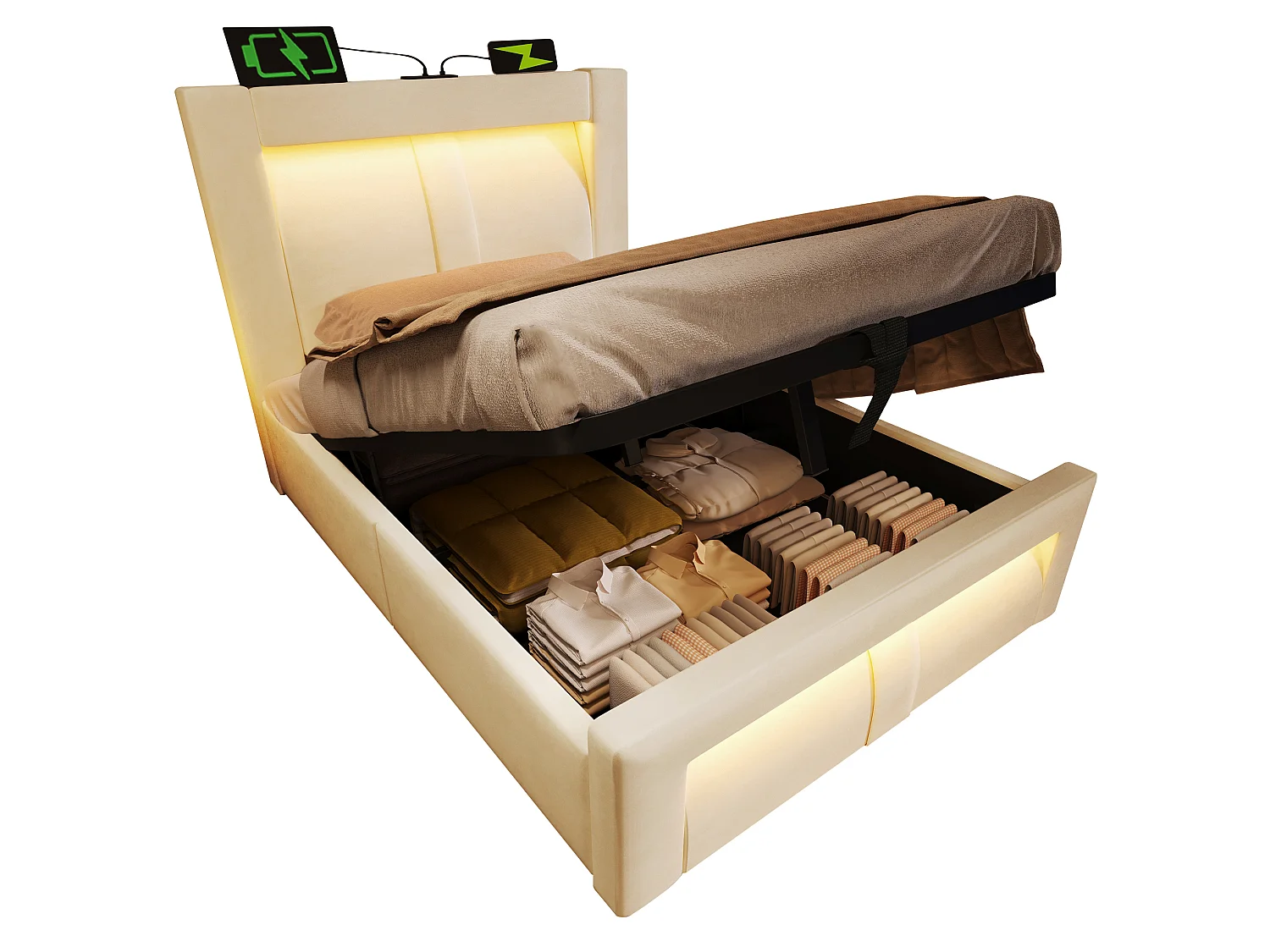 Letto contenitore in velluto 90x200 cm con LED e porte USB e Type-C, beige, materasso incluso