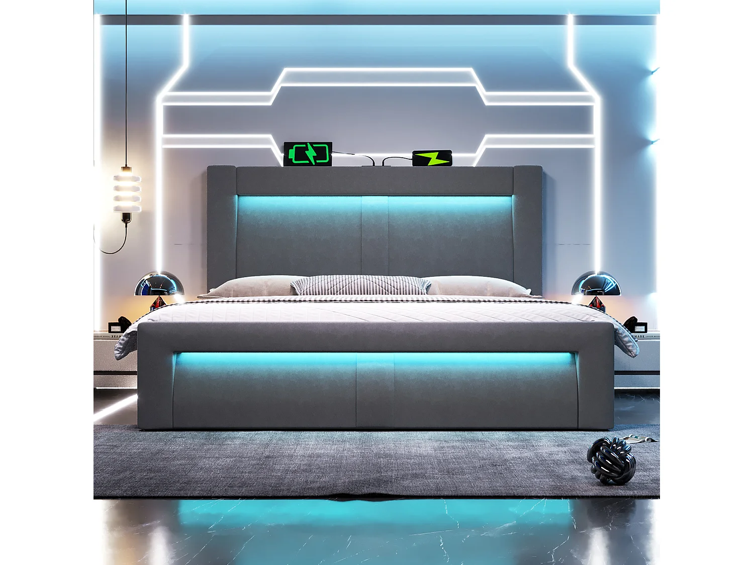 Letto contenitore in velluto 140x200 cm con LED e porte USB e Type-C, grigio, materasso non incluso