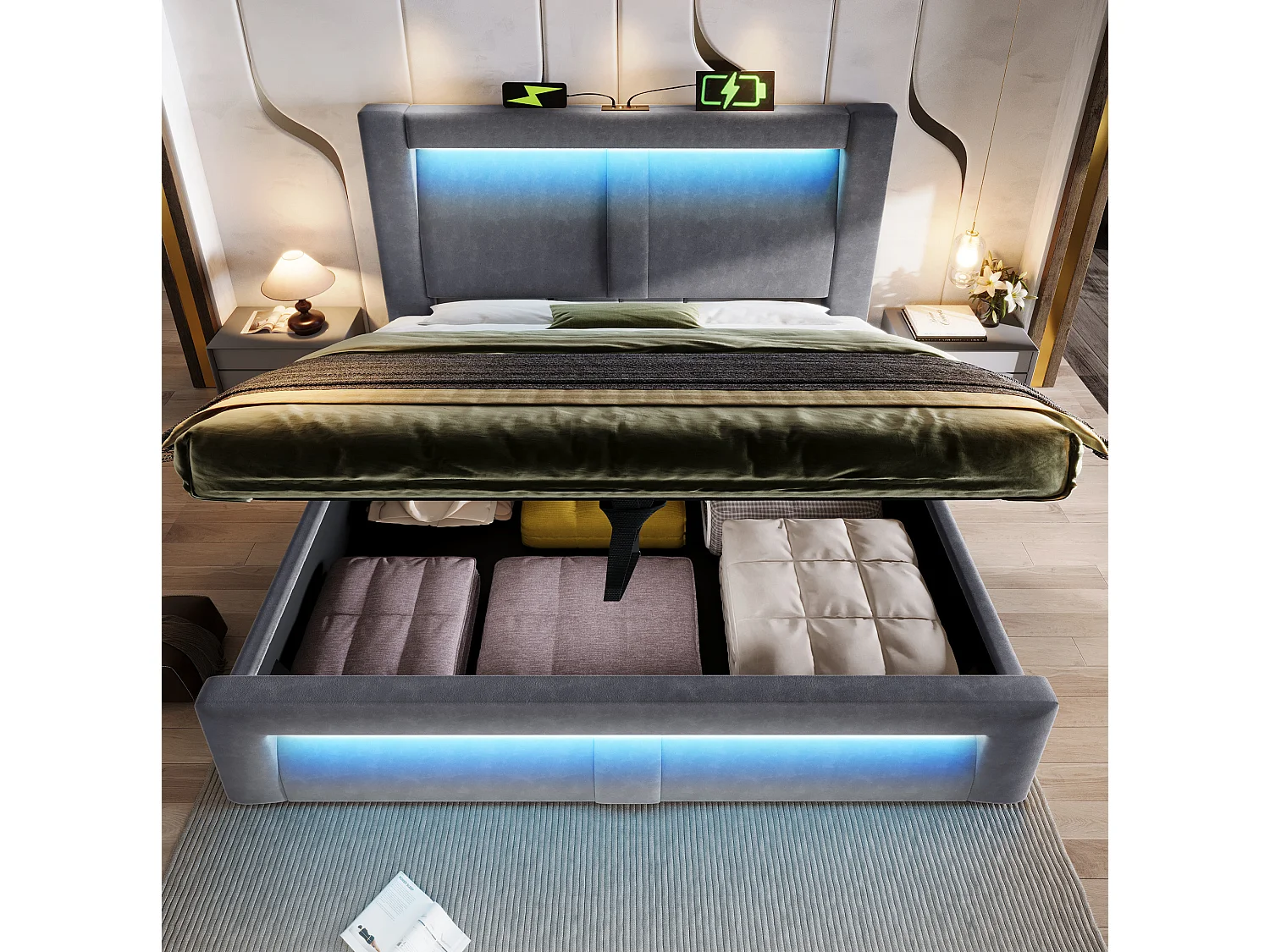 Letto contenitore in velluto 140x200 cm con LED e porte USB e Type-C, grigio, materasso non incluso