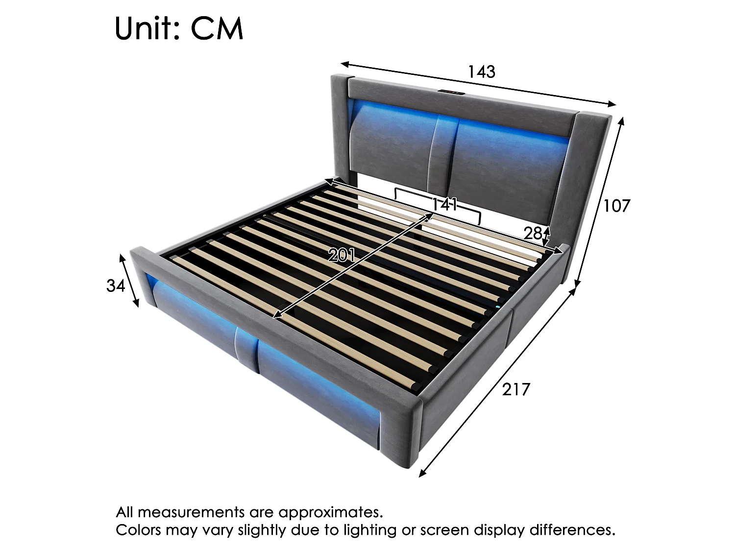 Letto contenitore in velluto 140x200 cm con LED e porte USB e Type-C, grigio, materasso non incluso