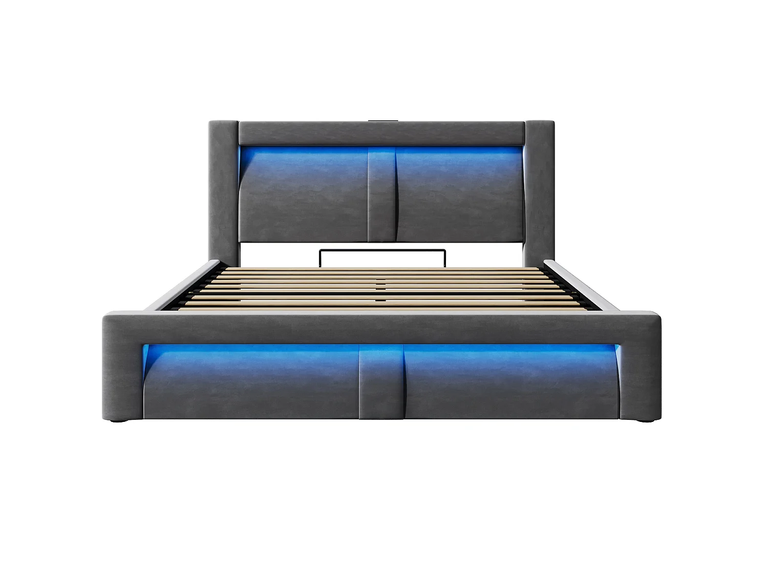 Letto contenitore in velluto 140x200 cm con LED e porte USB e Type-C, grigio, materasso non incluso