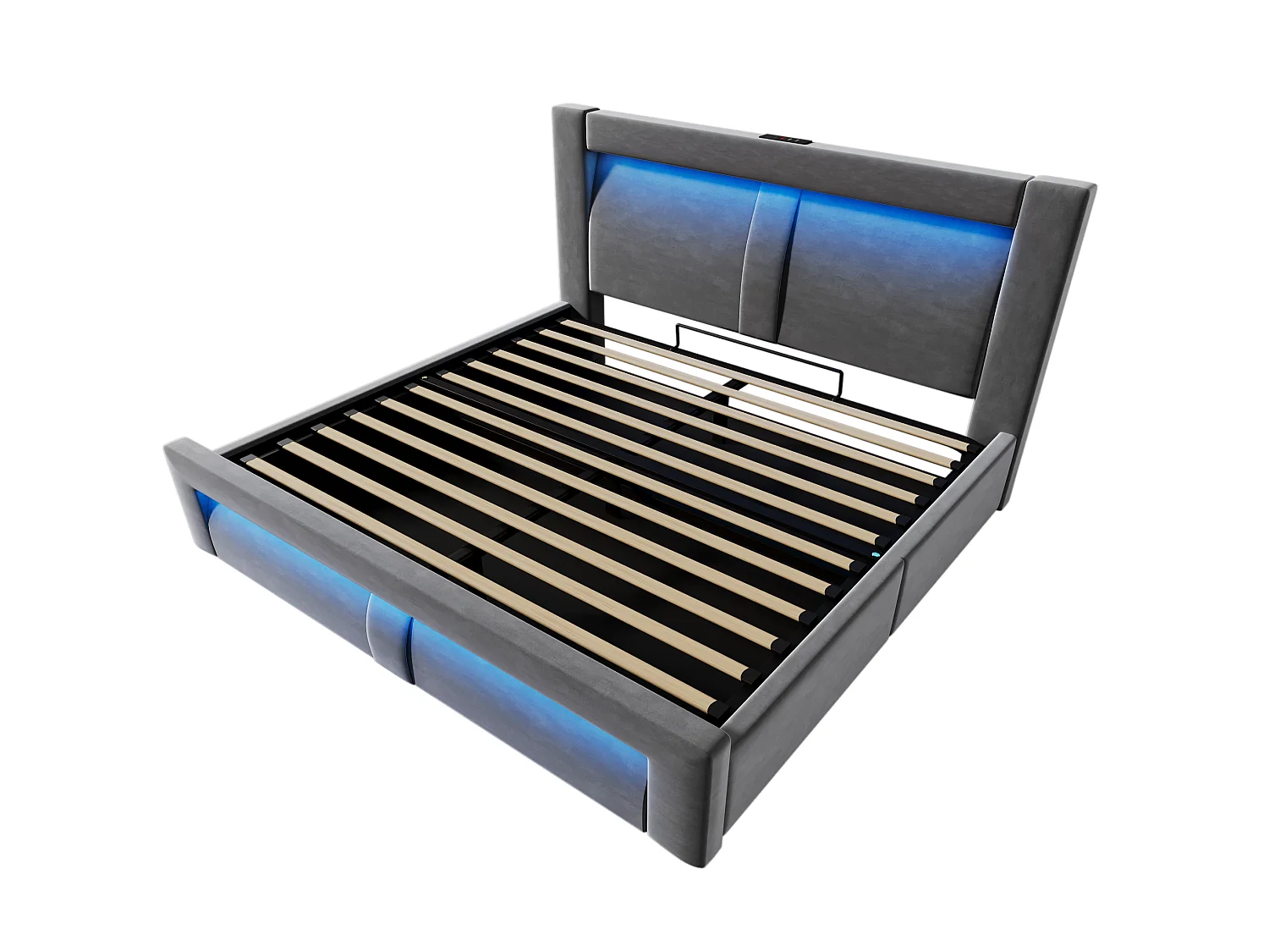 Letto contenitore in velluto 140x200 cm con LED e porte USB e Type-C, grigio, materasso non incluso