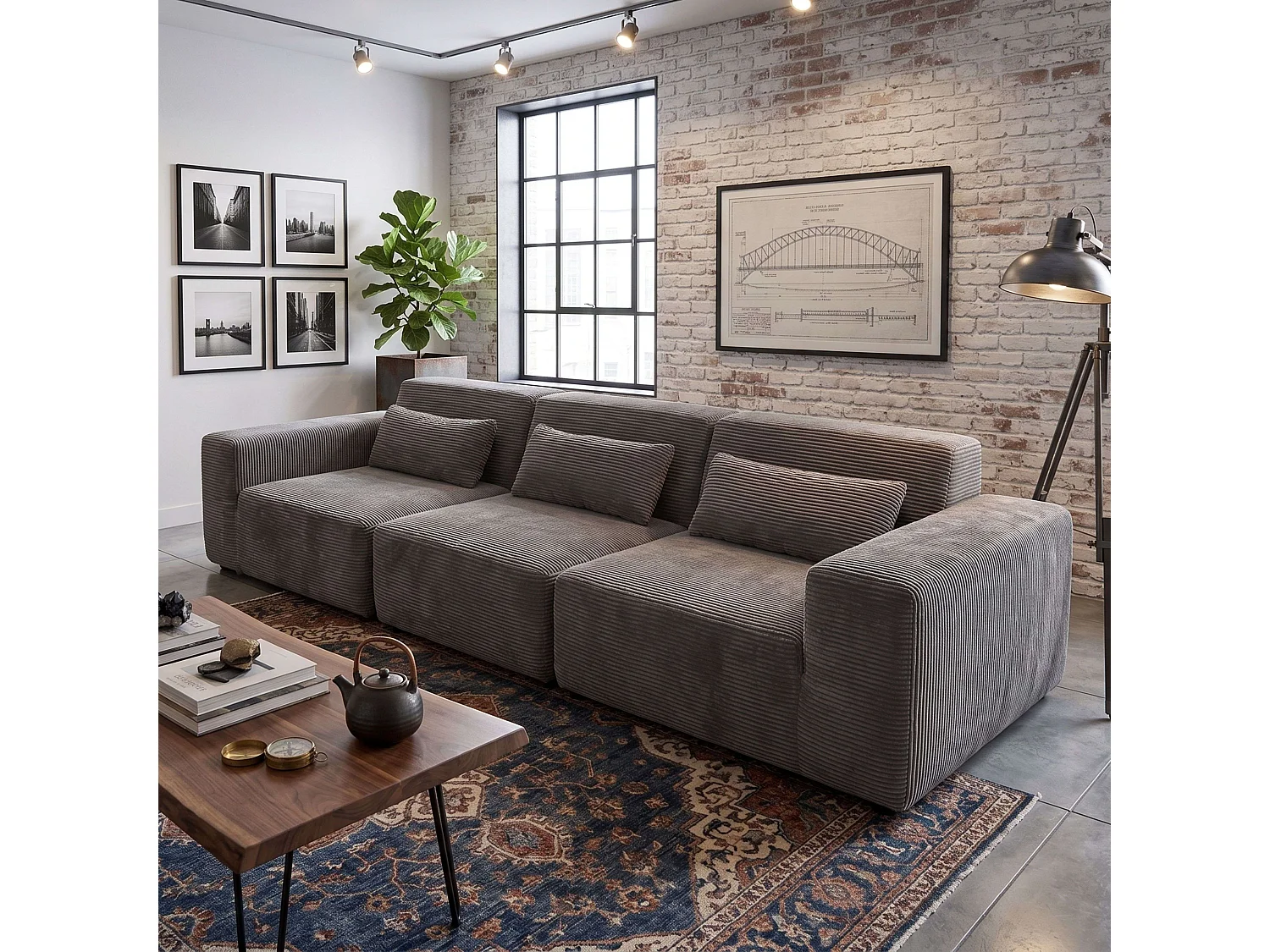 Sofá modular Horizon cinza escuro de 3 lugares, 307 cm