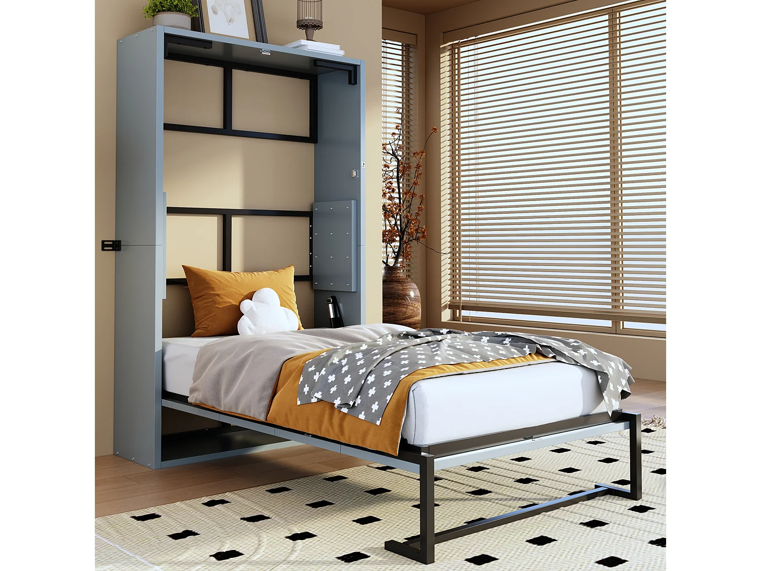 Lit escamotable 90x200 cm pliant avec verrouillage mural, en métal, gris, sans matelas