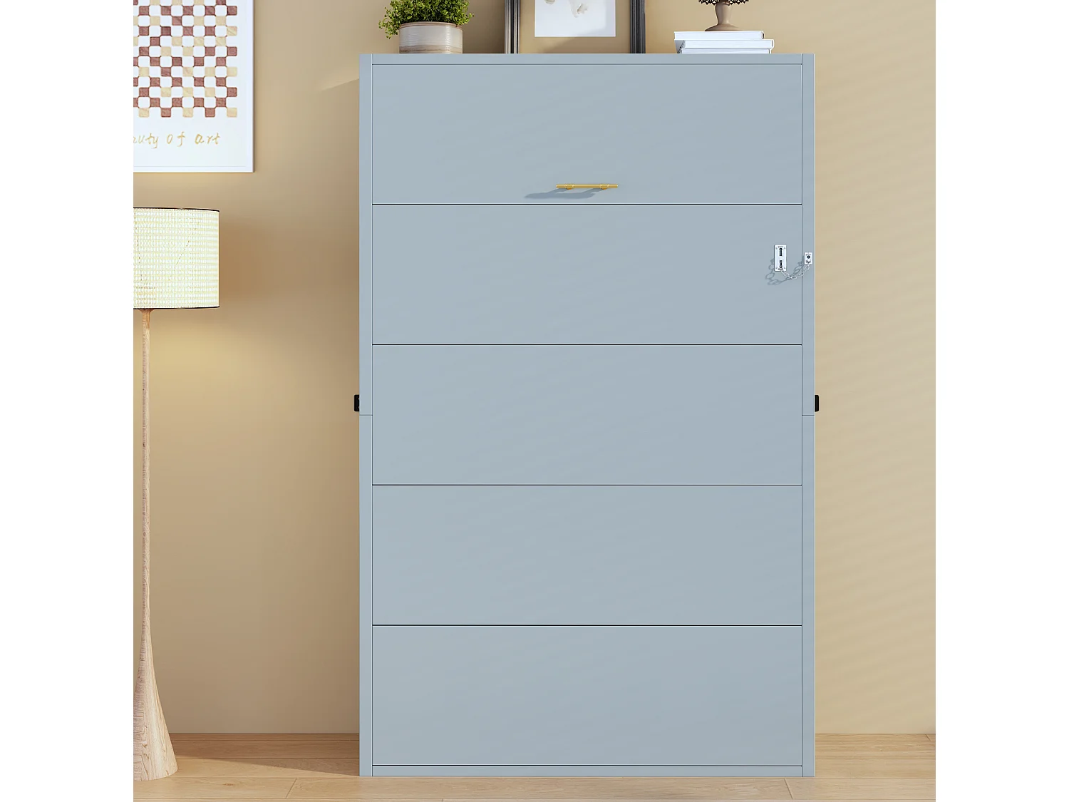 Lit escamotable 90x200 cm pliant avec verrouillage mural, en métal, gris, sans matelas