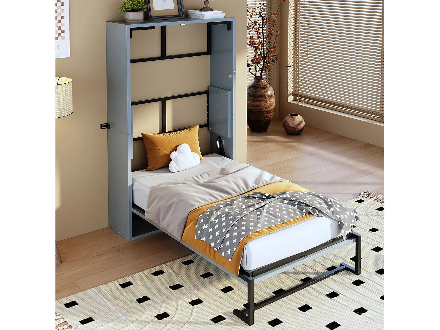 Lit escamotable 90x200 cm pliant avec verrouillage mural, en métal, gris, sans matelas