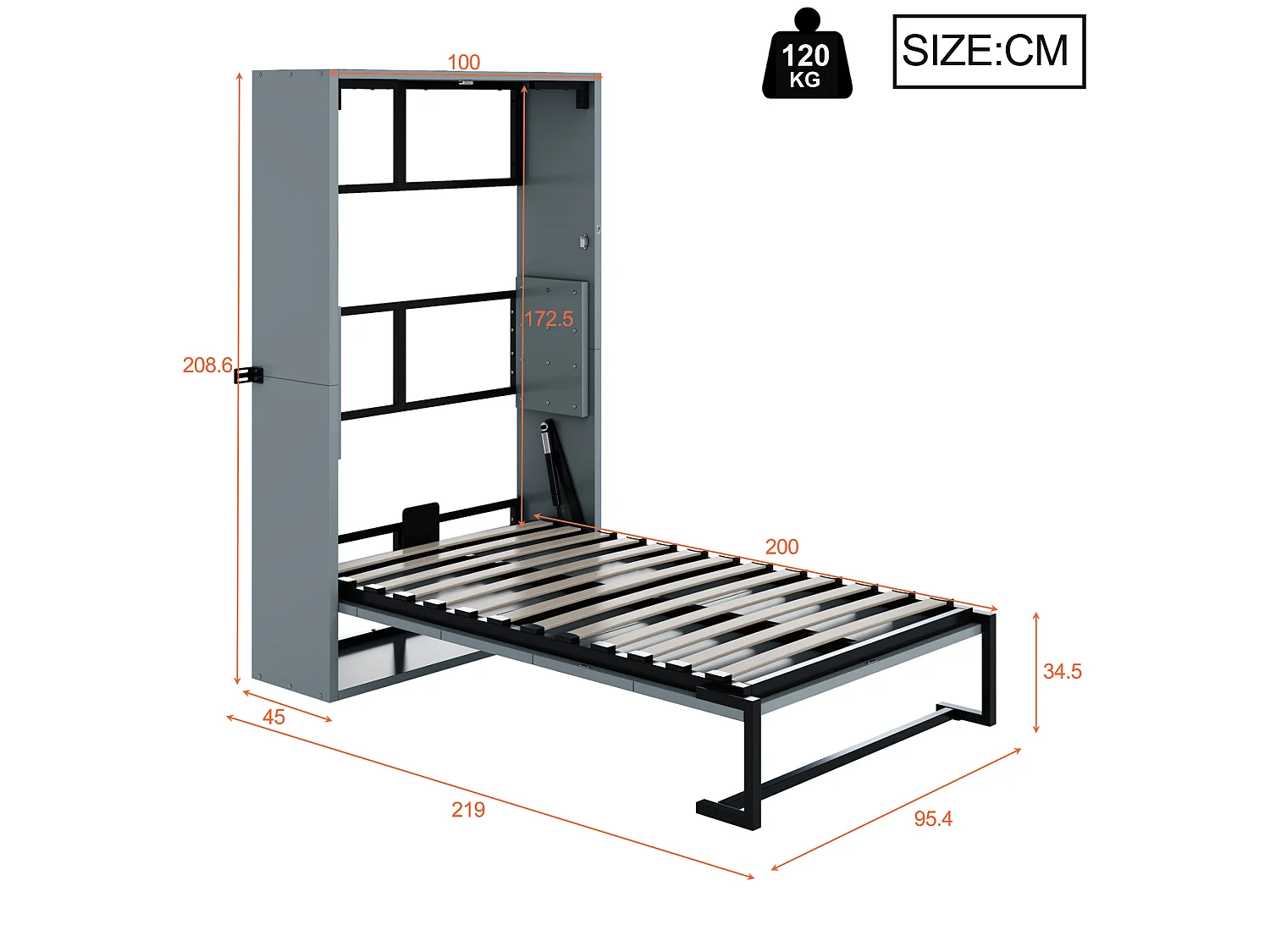 Lit escamotable 90x200 cm pliant avec verrouillage mural, en métal, gris, sans matelas