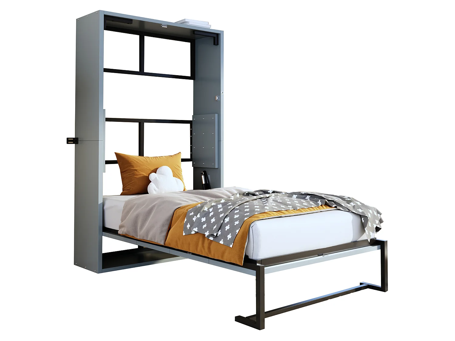 Lit escamotable 90x200 cm pliant avec verrouillage mural, en métal, gris, sans matelas