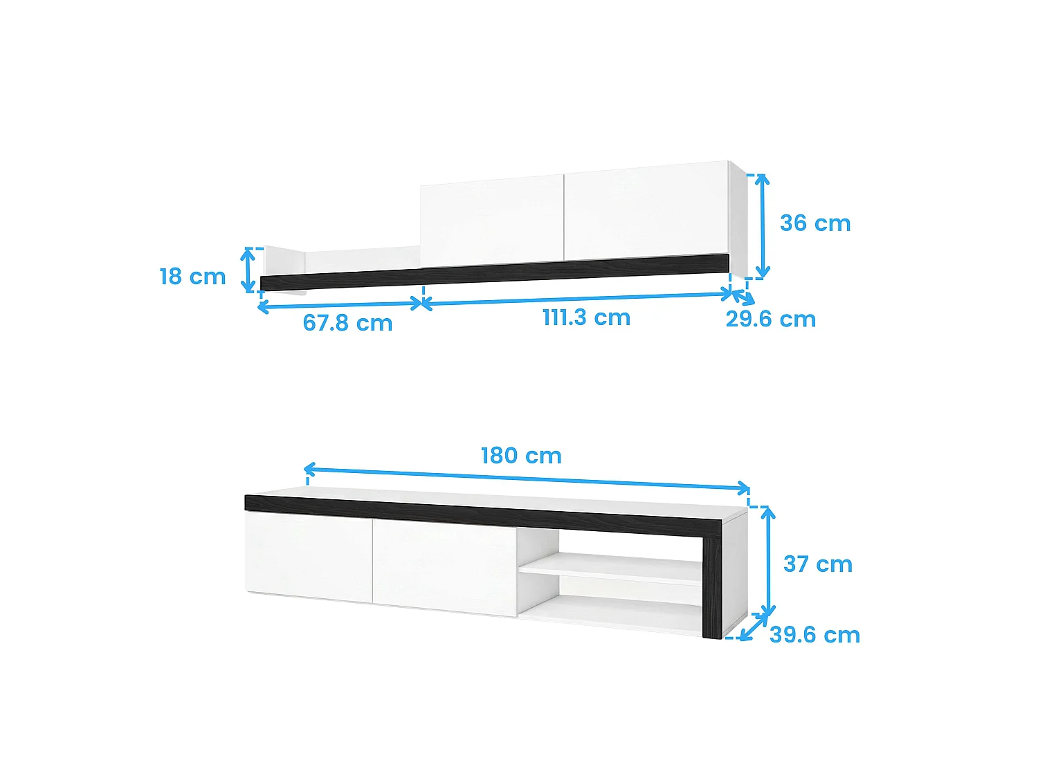 Conjunto de móveis para sala de estar Valco, preto e branco, 2 módulos, 180x39,9 cm