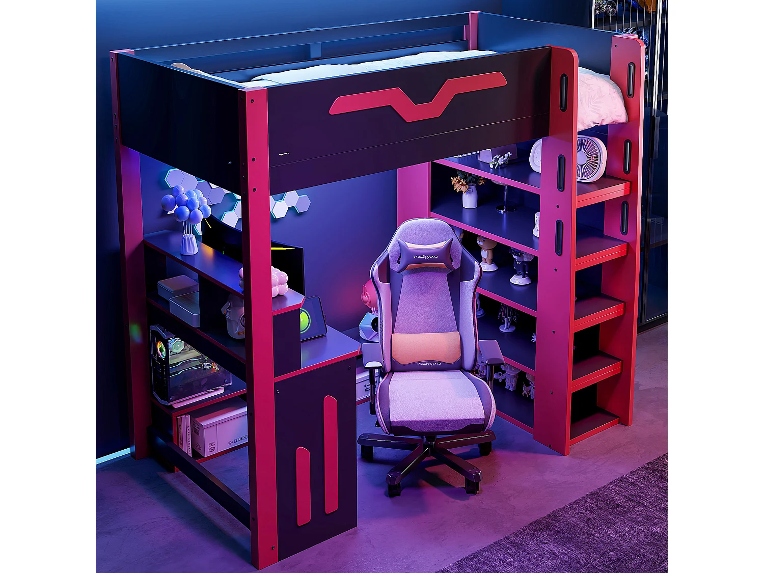 Letto a soppalco 90x200 cm con scrivania, LED e scaffalatura a 4 livelli, in legno, nero e rosso, materasso non incluso