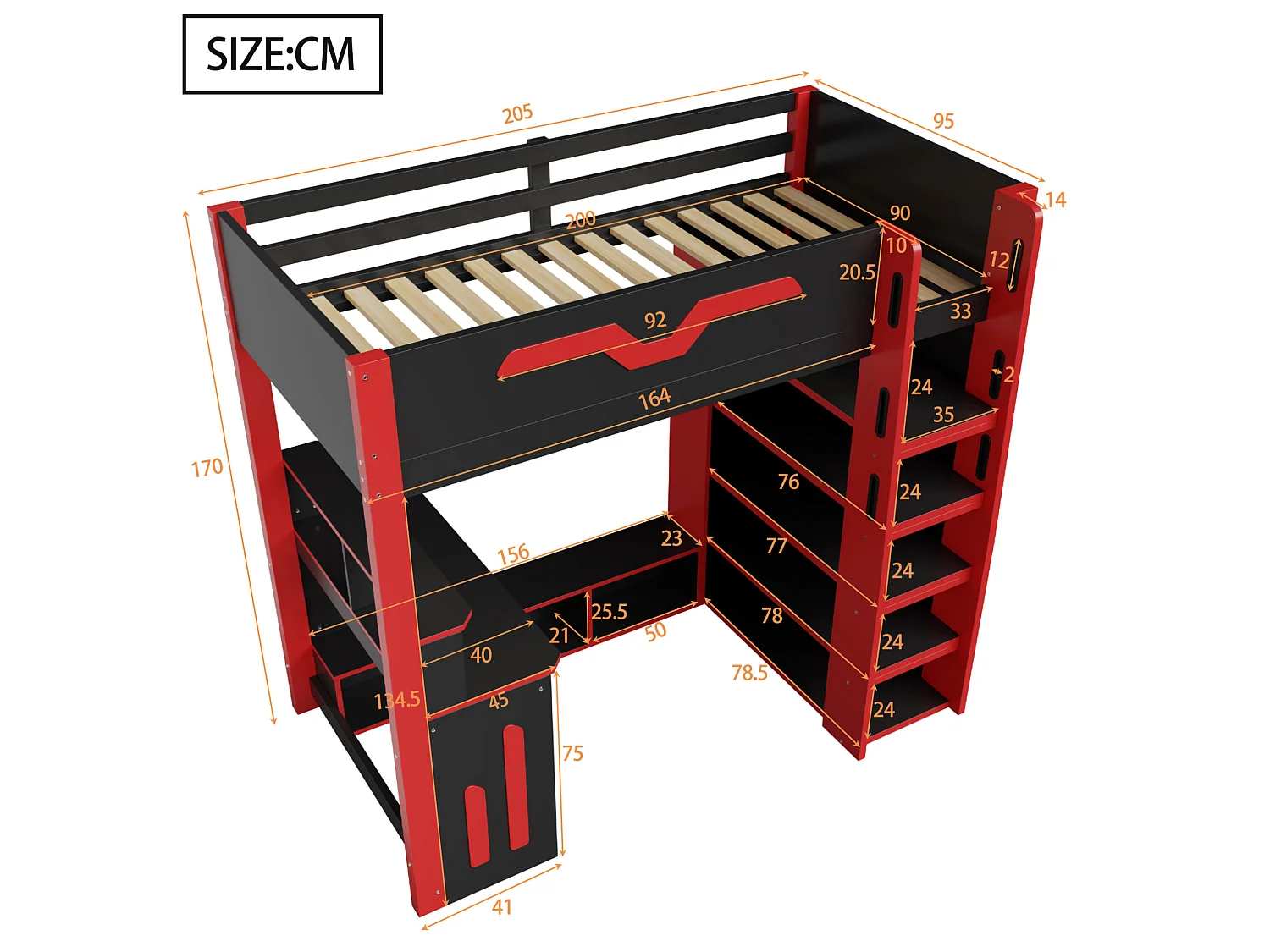 Letto a soppalco 90x200 cm con scrivania, LED e scaffalatura a 4 livelli, in legno, nero e rosso, materasso non incluso