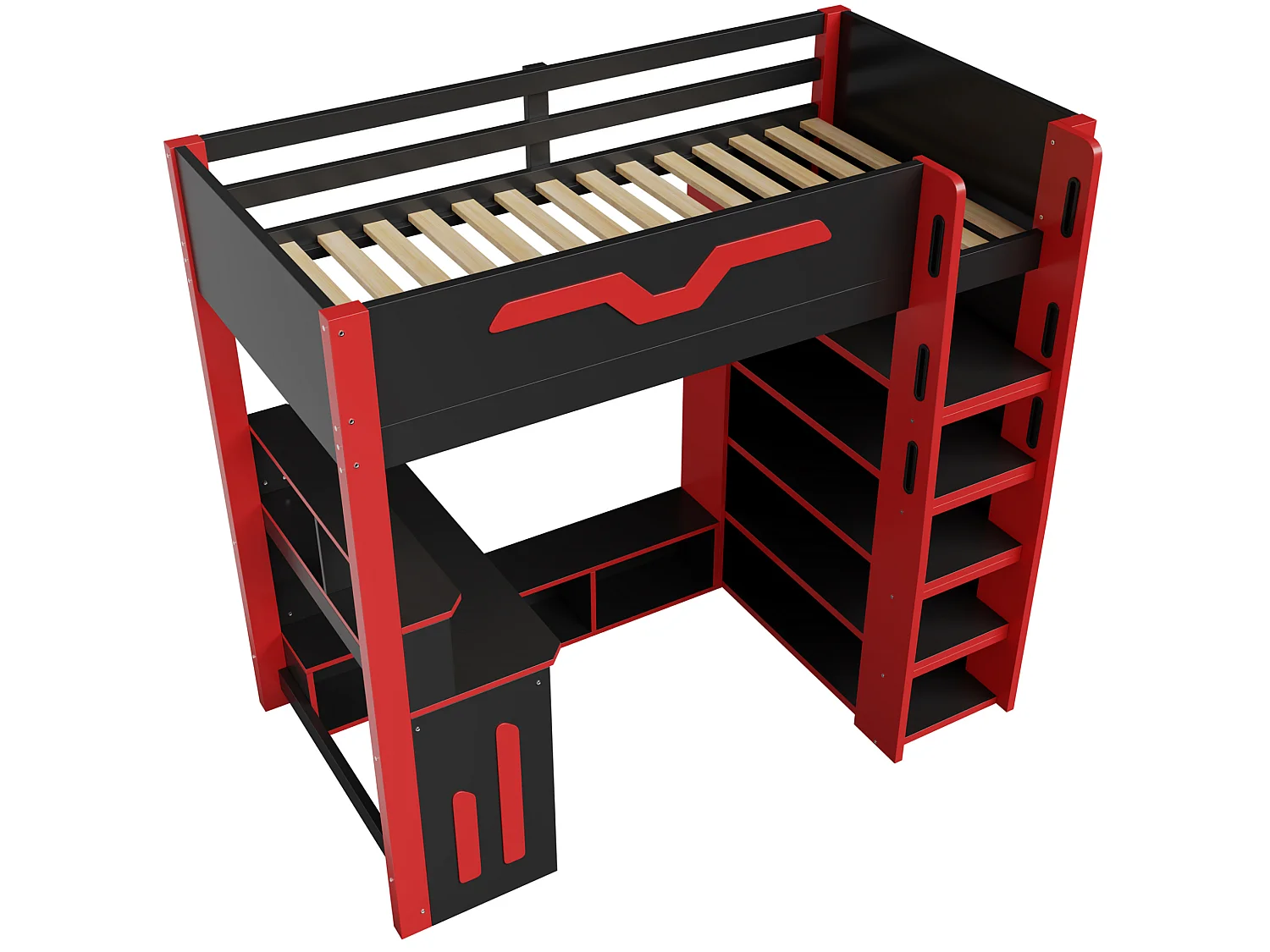 Letto a soppalco 90x200 cm con scrivania, LED e scaffalatura a 4 livelli, in legno, nero e rosso, materasso non incluso