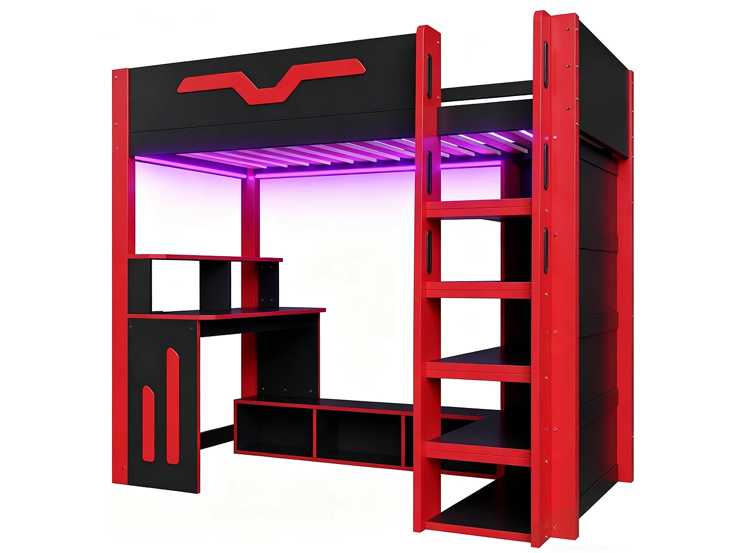 Letto a soppalco 90x200 cm con scrivania, LED e scaffalatura a 4 livelli, in legno, nero e rosso, materasso non incluso