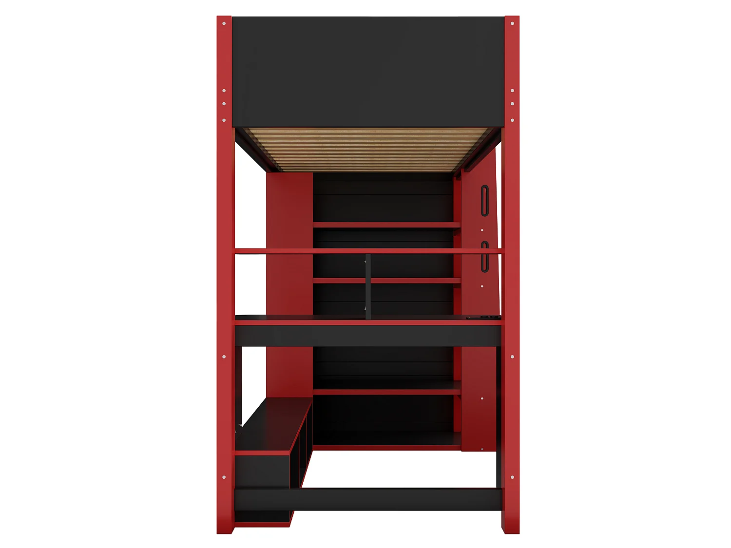 Letto a soppalco 90x200 cm con scrivania, LED e scaffalatura a 4 livelli, in legno, nero e rosso, materasso non incluso