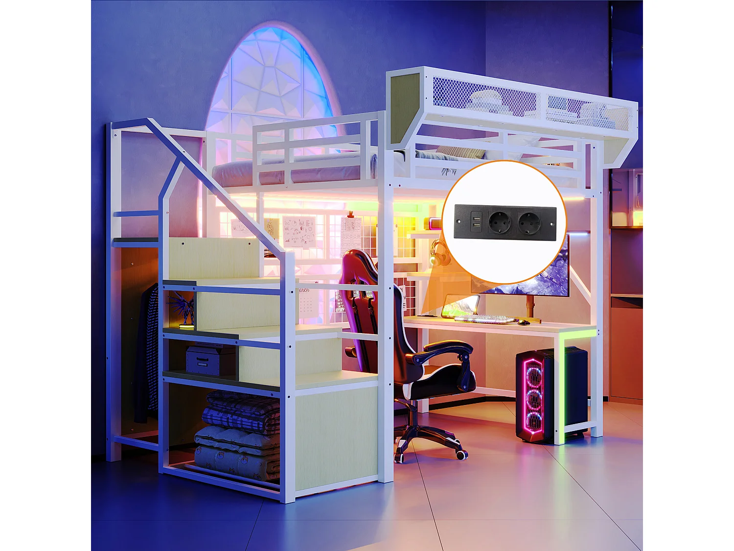Letto a soppalco in metallo 140x200 cm con scrivania, ripiani, LED e prese elettriche – bianco, materasso non incluso